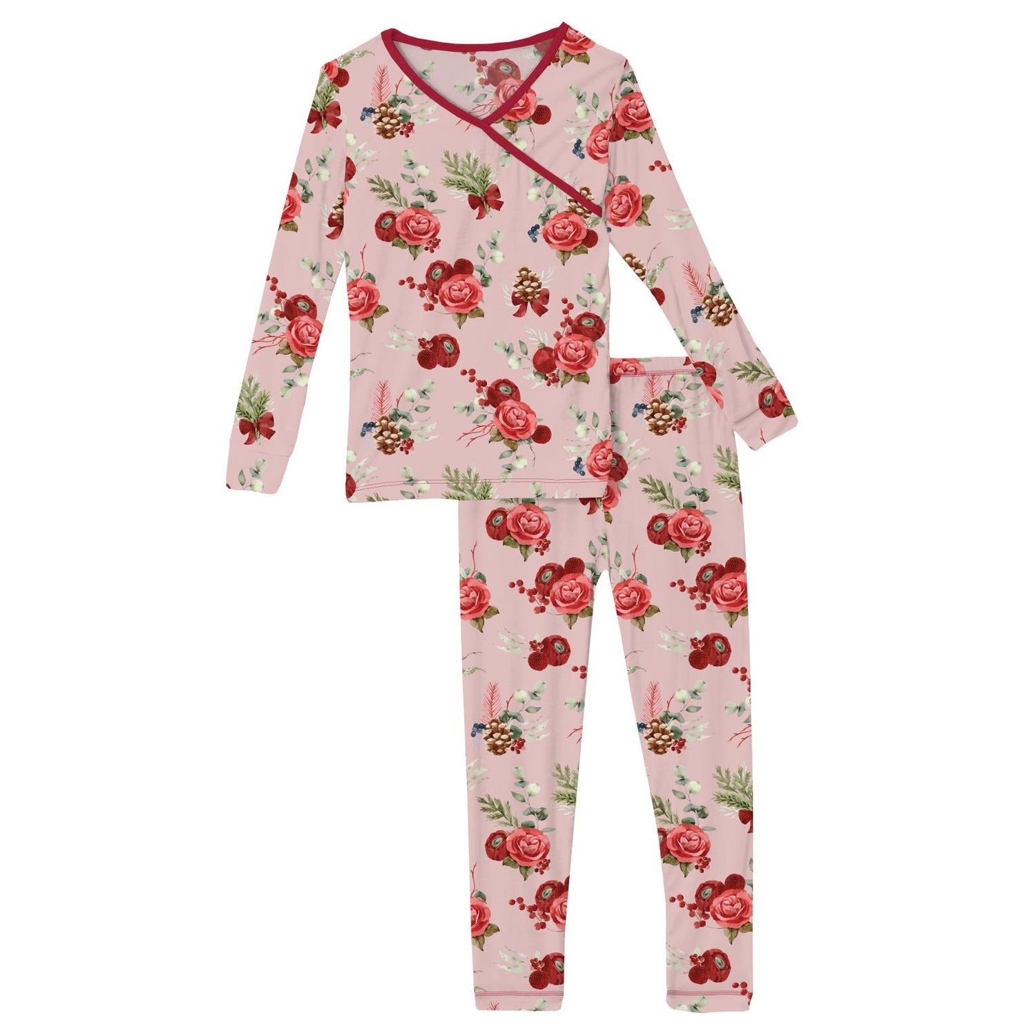 Print Long Sleeve Kimono Pajama Set in Baby Rose Holiday Floral (343305)