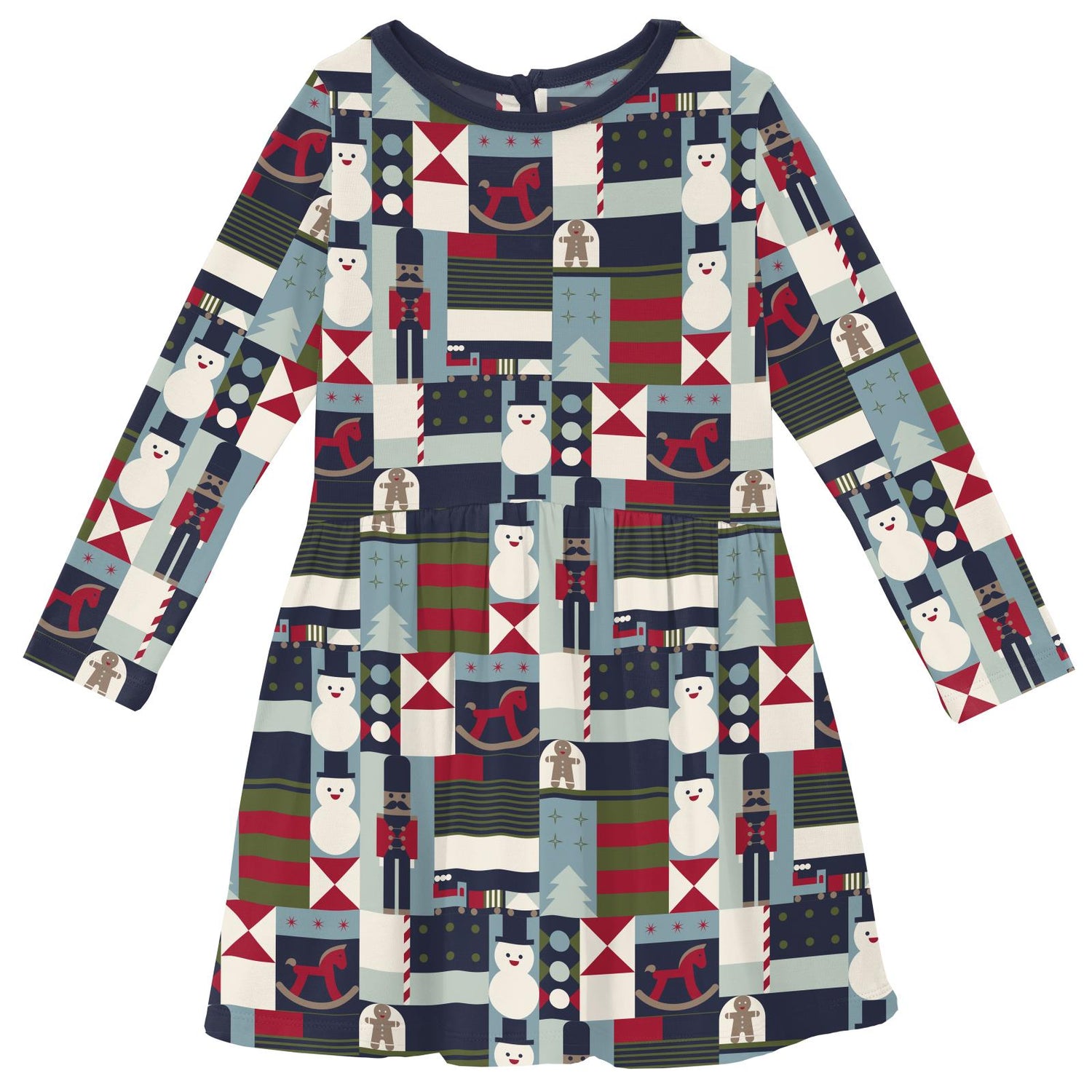 Print Long Sleeve Twirl Dress with Pockets in Peacoat Mod Christmas (343540)