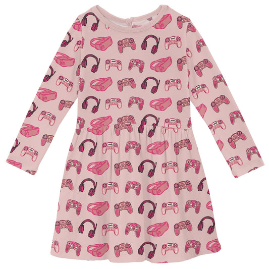 Print Long Sleeve Twirl Dress with Pockets in Baby Rose Gamer (372956)