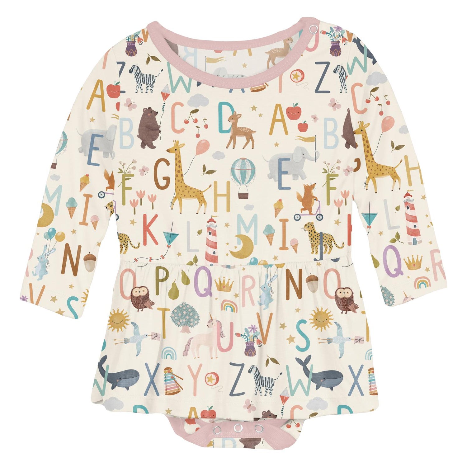 Print Long Sleeve Skirted One Piece in Animal Alphabet (352195)