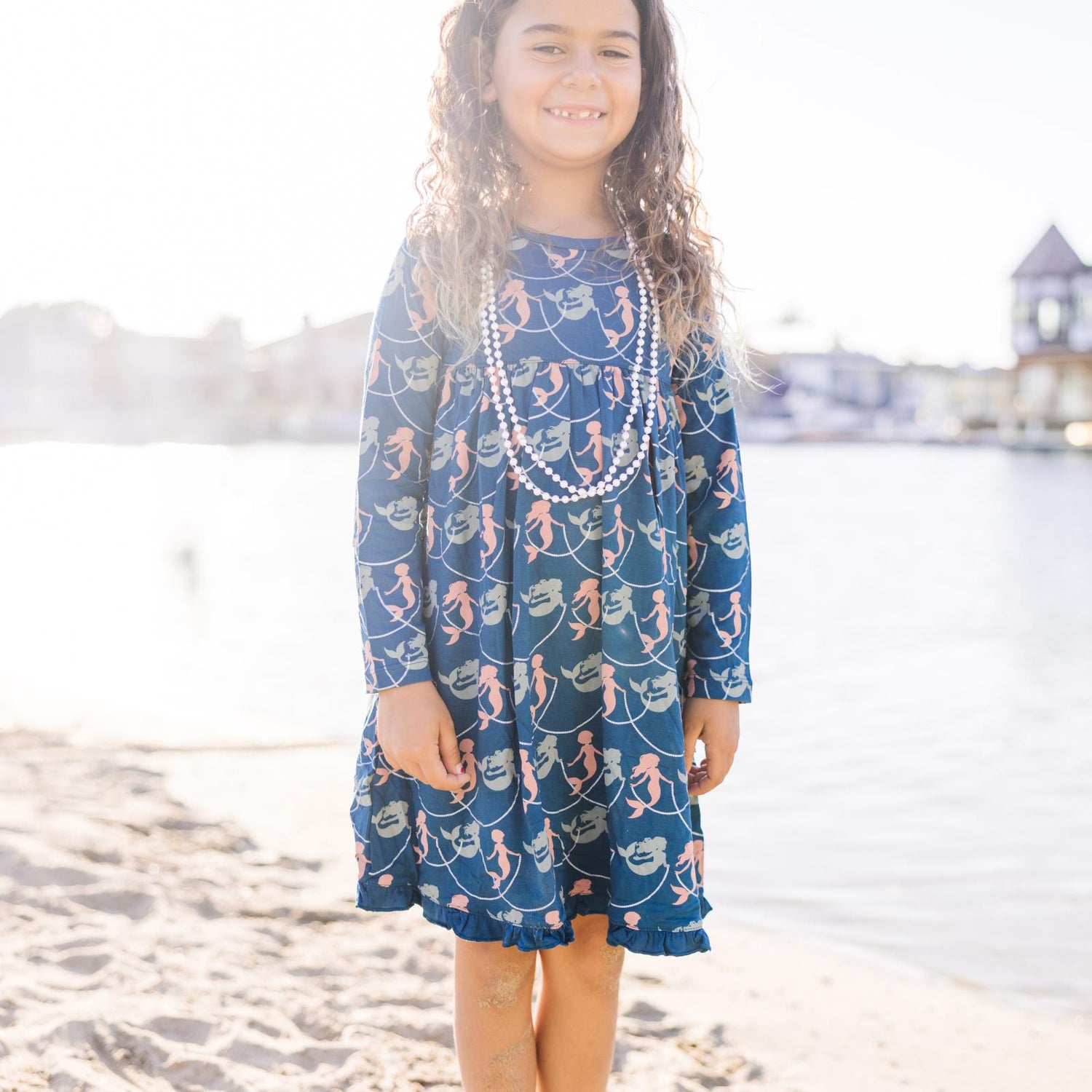 Print Classic Long Sleeve Swing Dress in Peacock Mermaids & Pearls