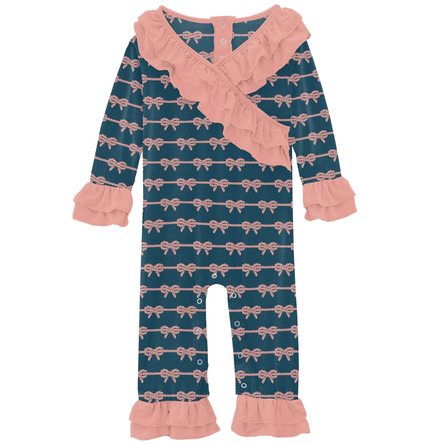 Print Long Sleeve Kimono Double Ruffle Romper in Peacock Boat Rope Bows