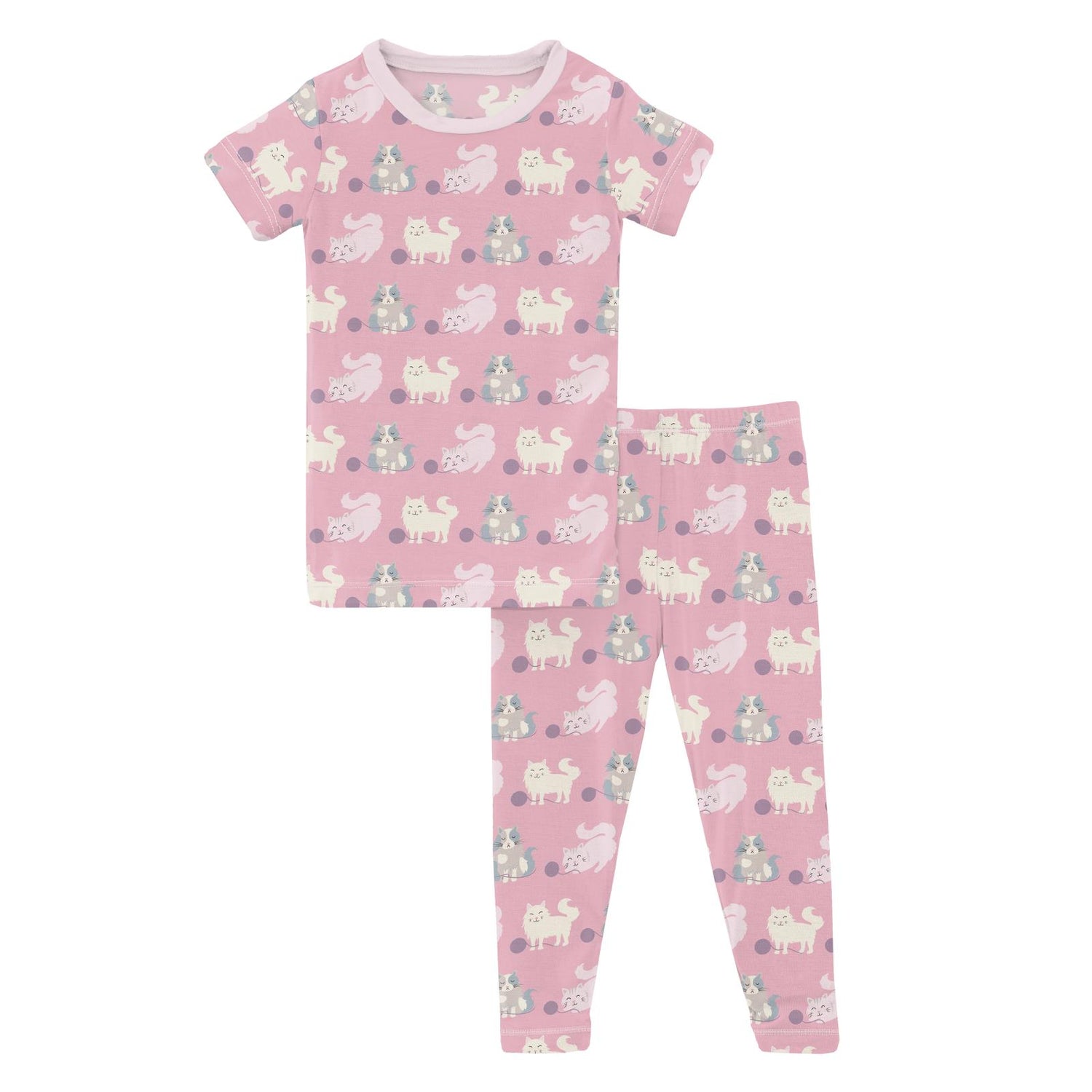 Print Short Sleeve Pajama Set in Cake Pop Cats and Yarn (359397)