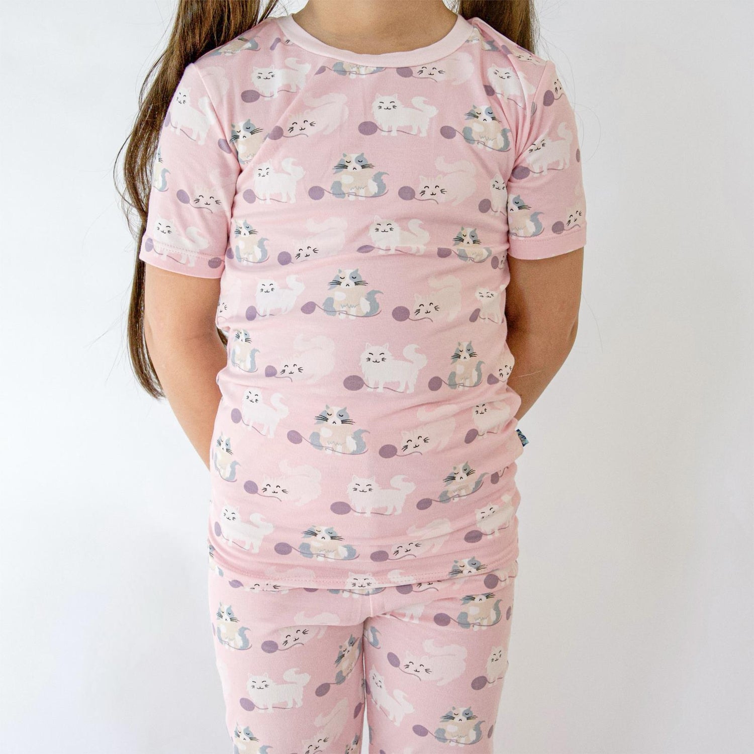 Print Short Sleeve Pajama Set in Cake Pop Cats and Yarn (359393)