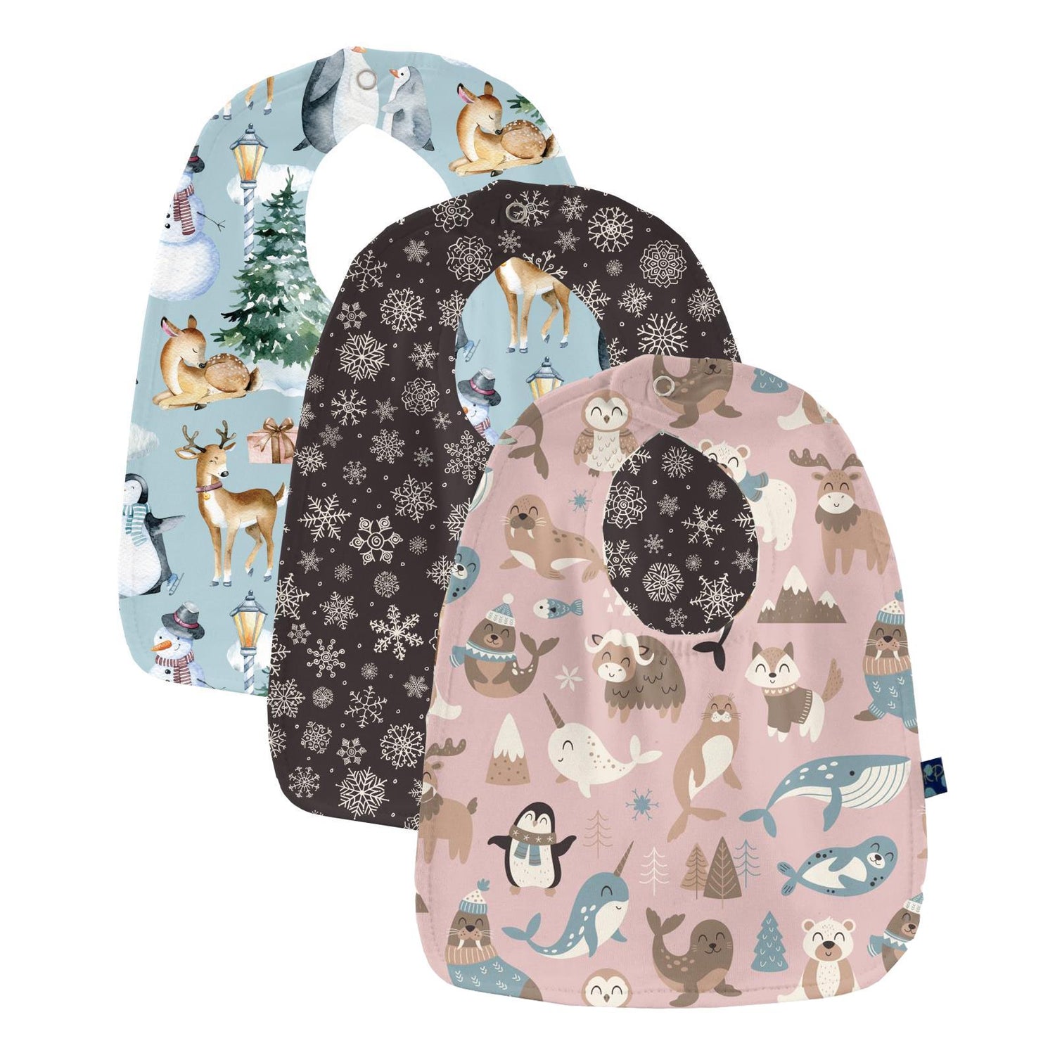 Print Bib Set of 3 in Baby Rose Arctic Animals, Chalkboard Snowflakes & Spring Sky Winter Woodland (346803)