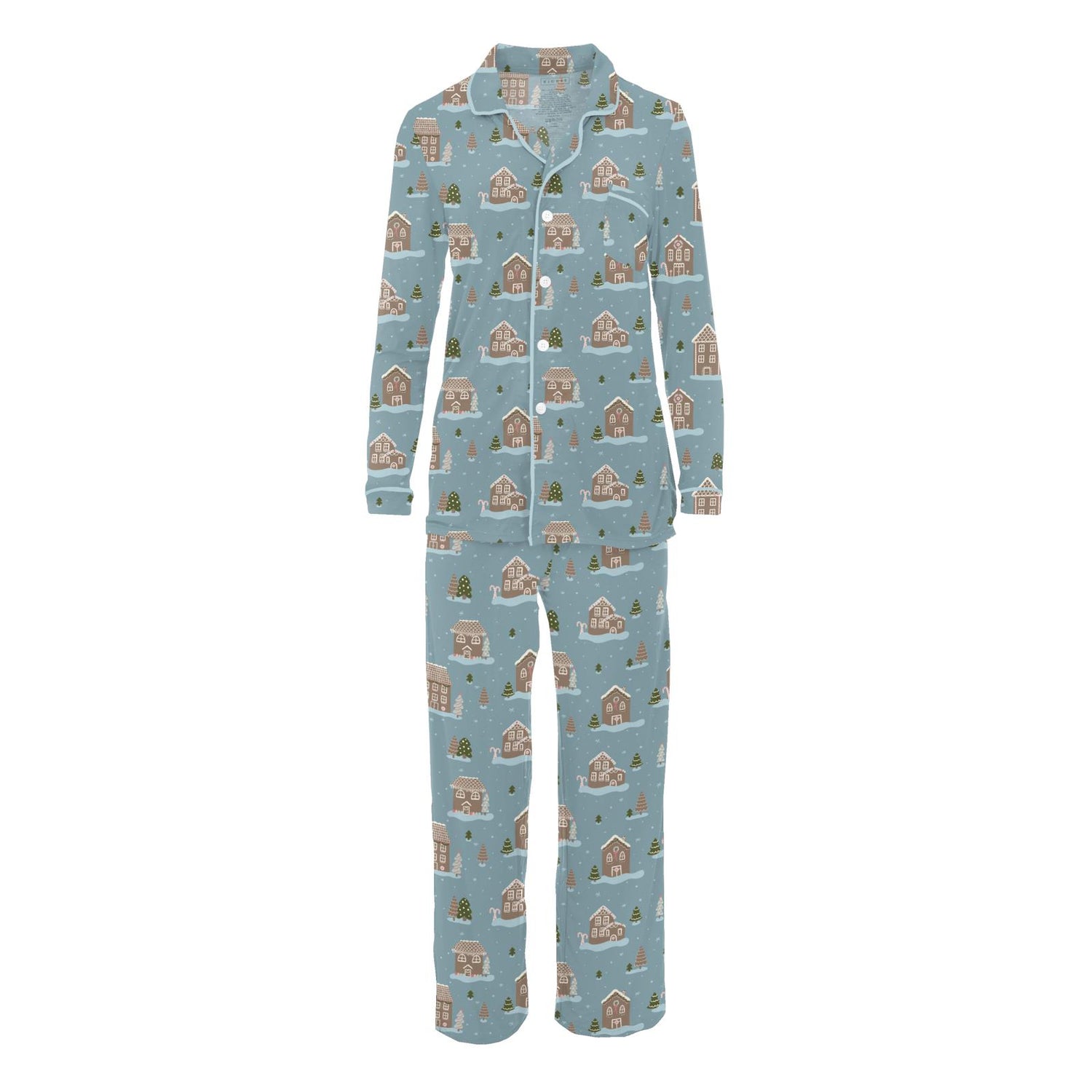 Women's Print Long Sleeve Collared Pajama Set in Stormy Sea Gingerbread Town (346842)