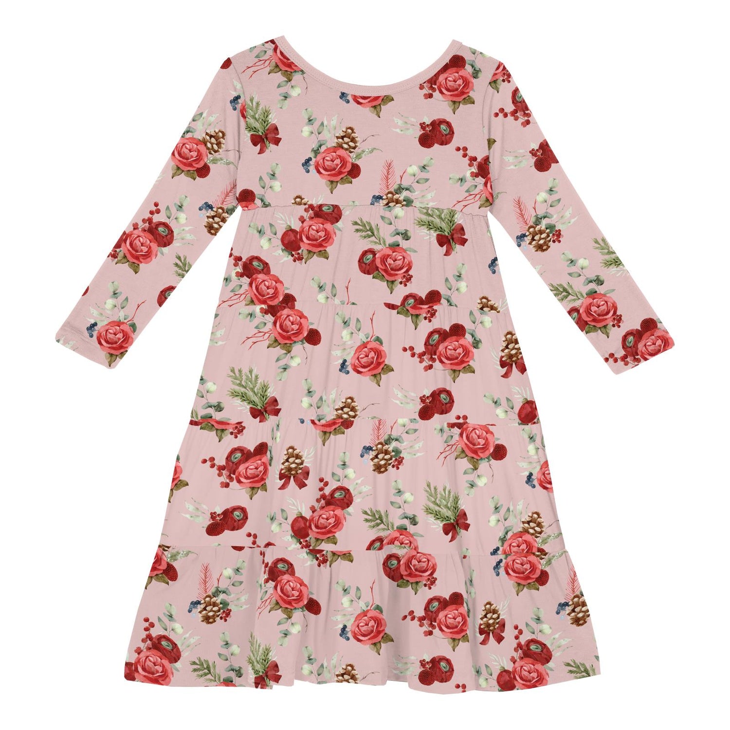 Print Long Sleeve Tiered Dress in Baby Rose Holiday Floral (346862)