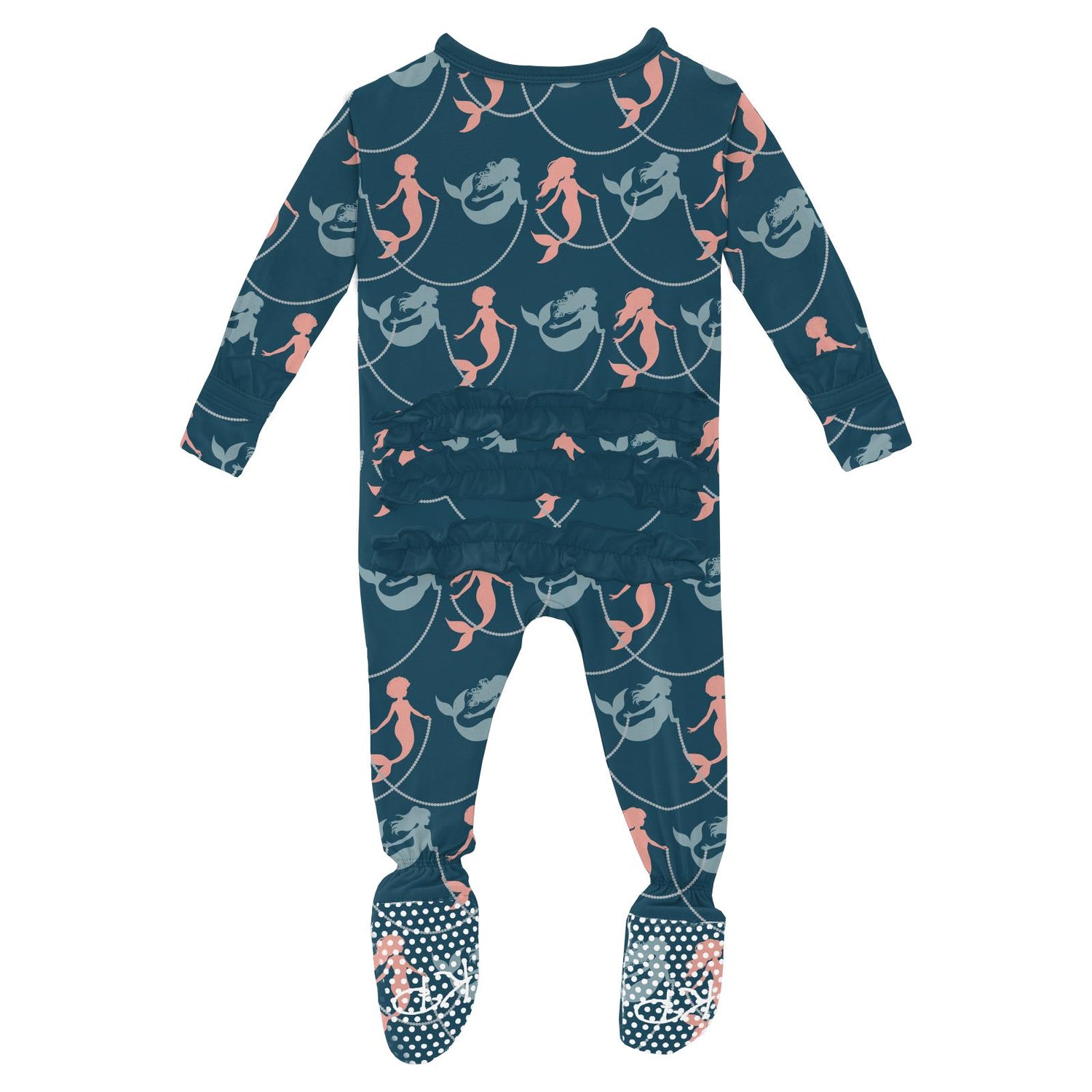Print Classic Ruffle Footie with 2 Way Zipper in Peacock Mermaids & Pearls