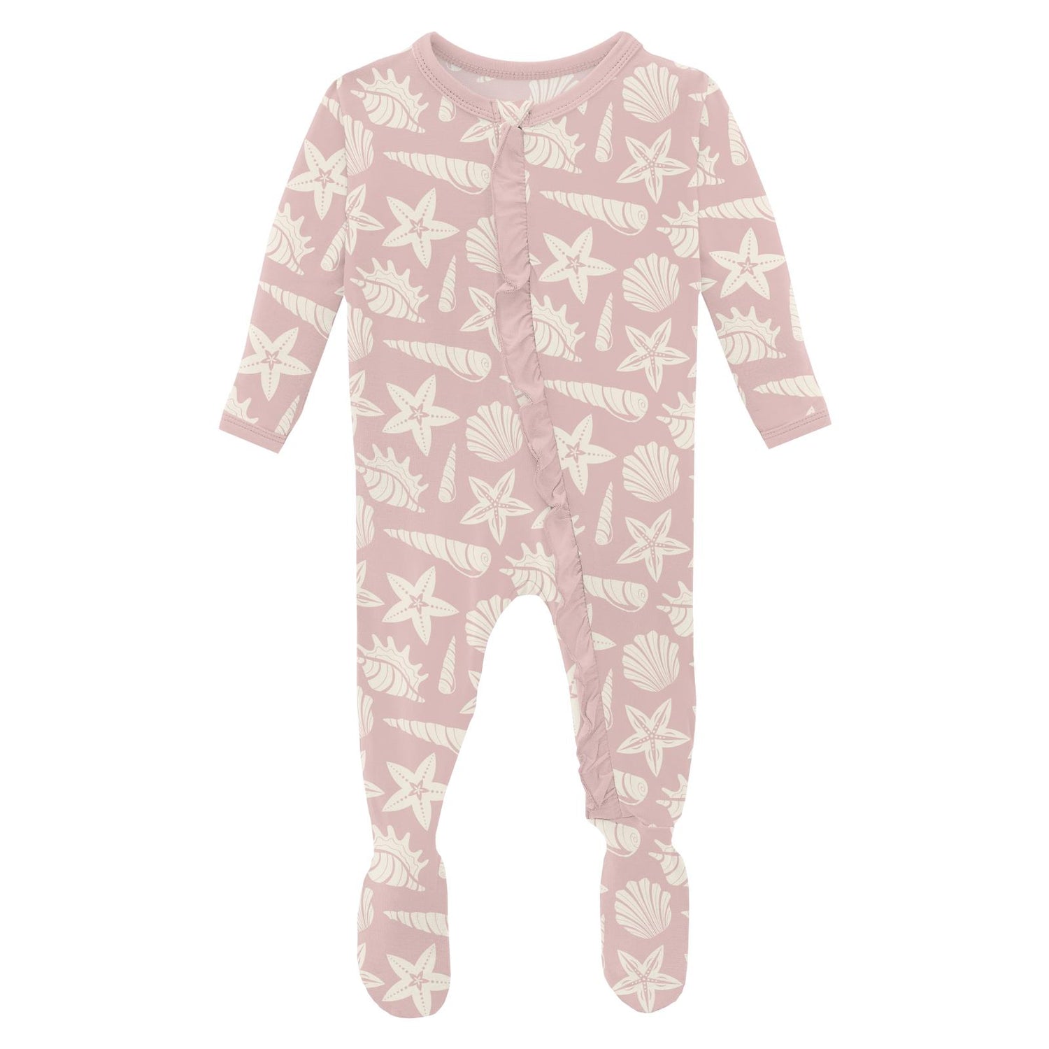Print Classic Ruffle Footie with 2 Way Zipper in Baby Rose Shells & Starfish