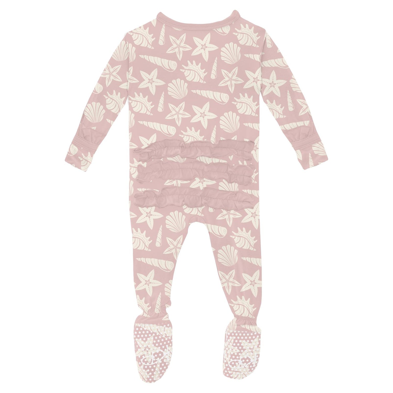 Print Classic Ruffle Footie with 2 Way Zipper in Baby Rose Shells & Starfish