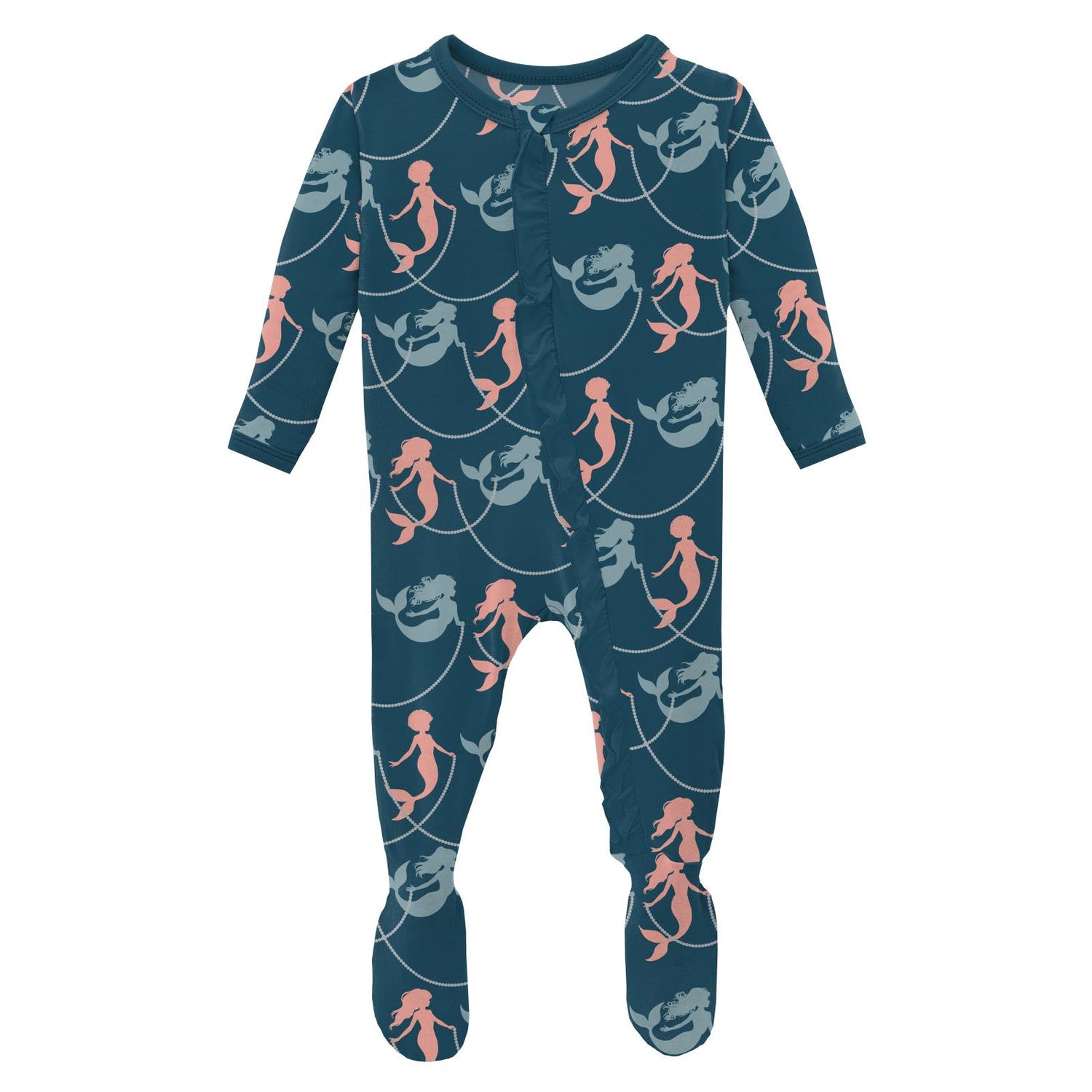 Print Classic Ruffle Footie with 2 Way Zipper in Peacock Mermaids & Pearls