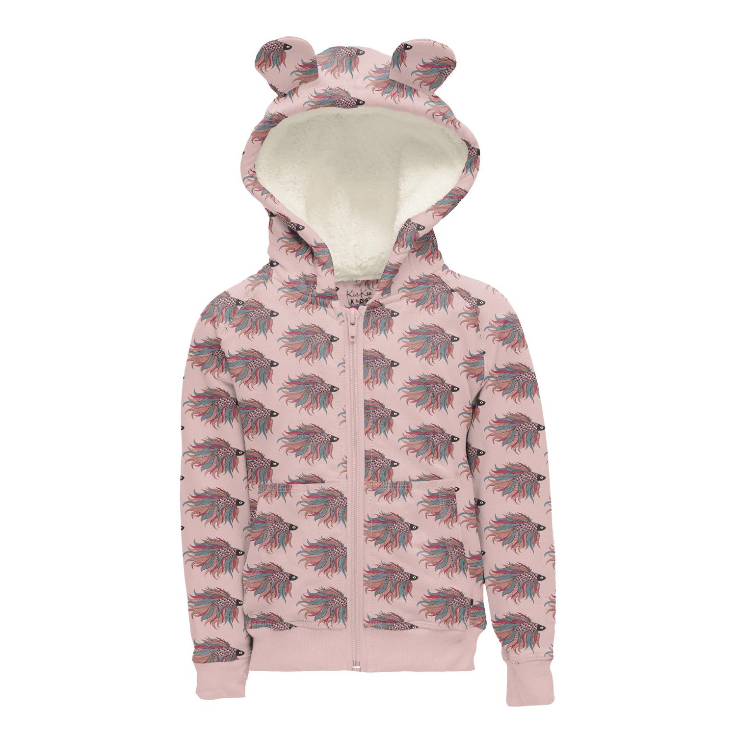 Print Fleece Zip-Front Hoodie with Ears in Baby Rose Rainbow Fish (305033)