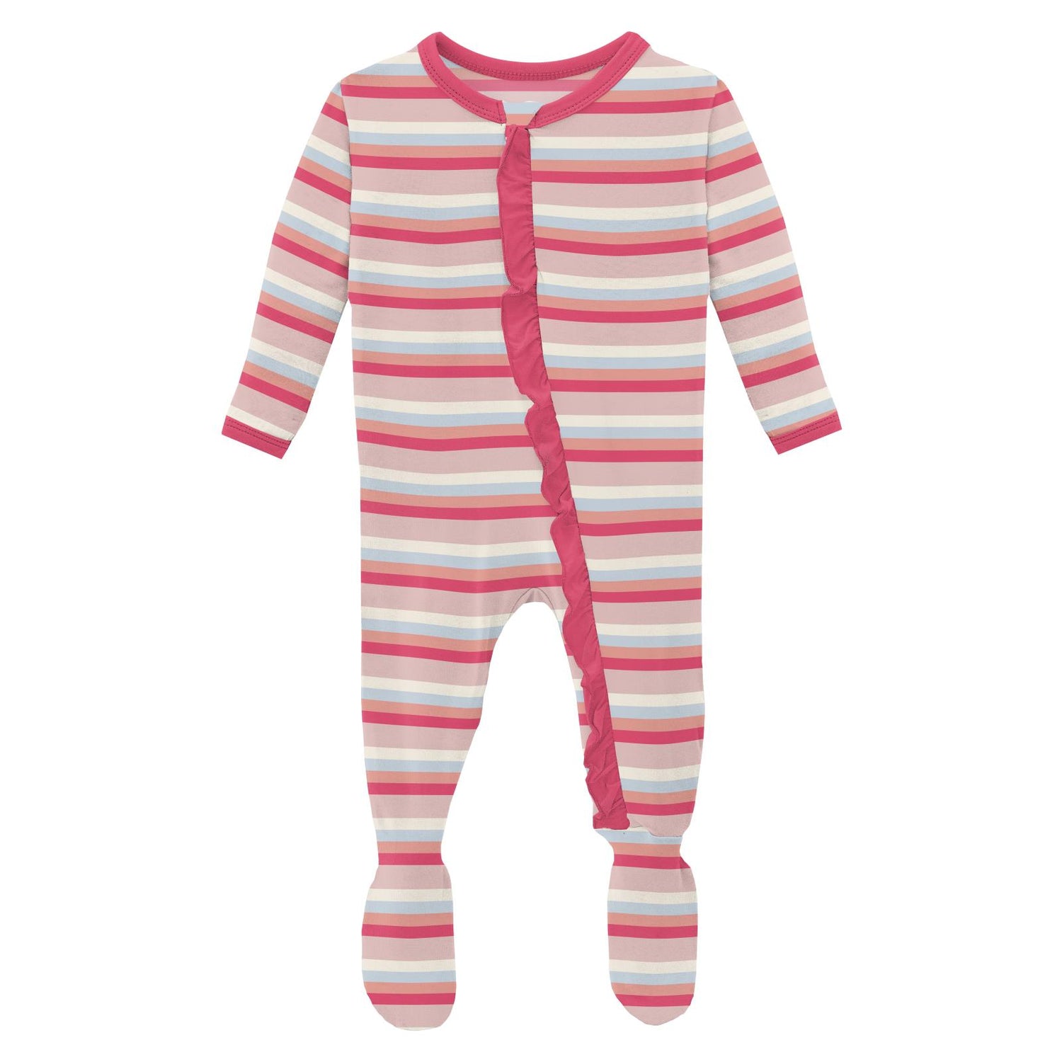 Print Classic Ruffle Footie with 2 Way Zipper in Baby Rose Stripe
