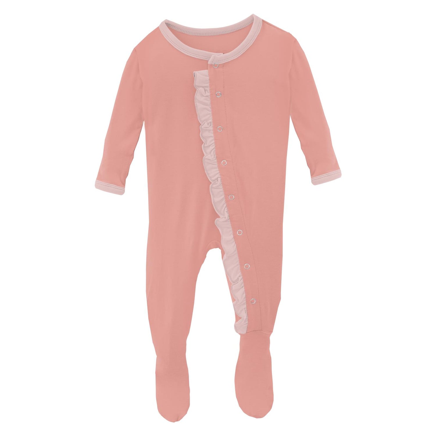 Classic Ruffle Footie with Snaps in Blush with Baby Rose