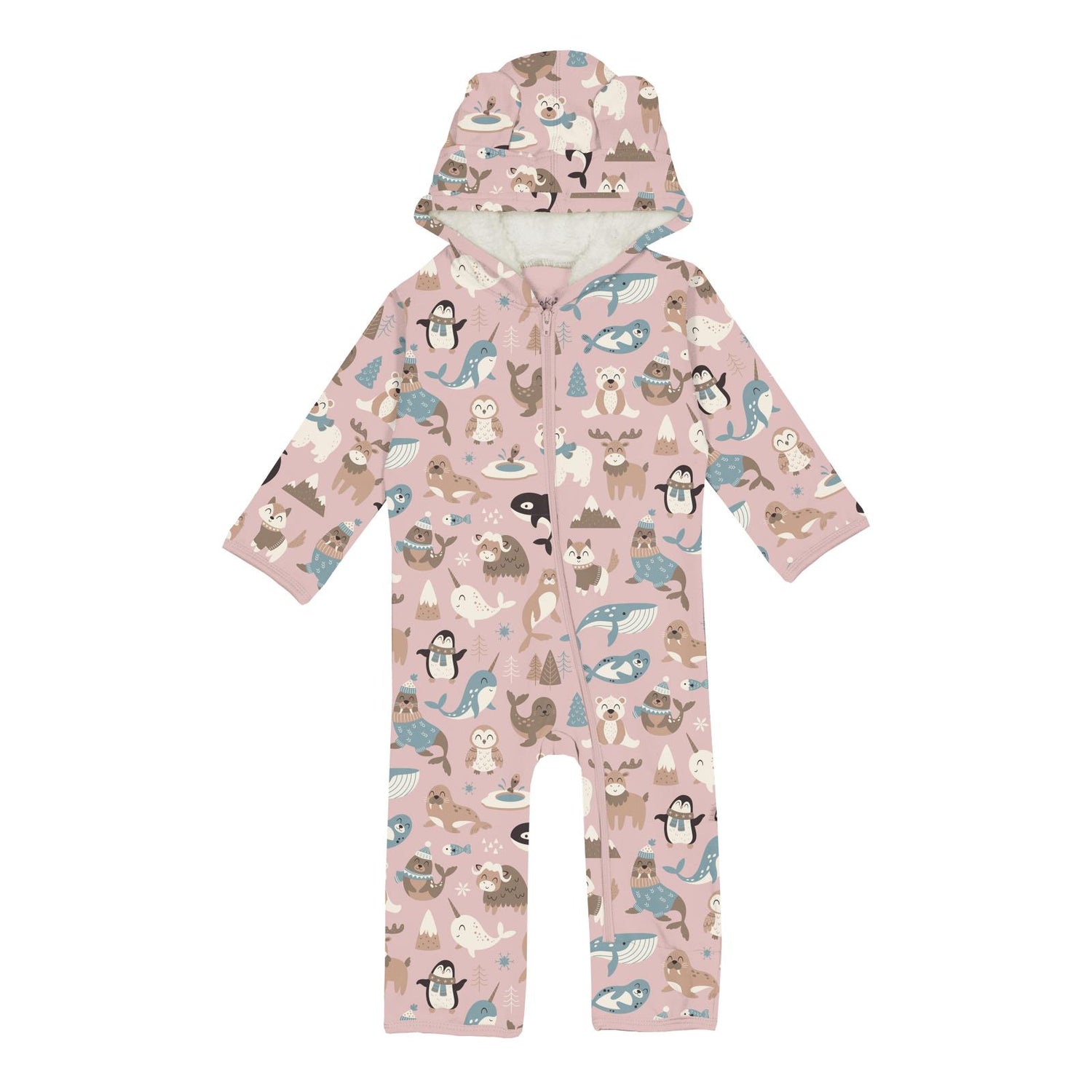 Print Fleece Zip-up Coverall with Sherpa-lined Hood & Ears in Baby Rose Arctic Animals (347201)