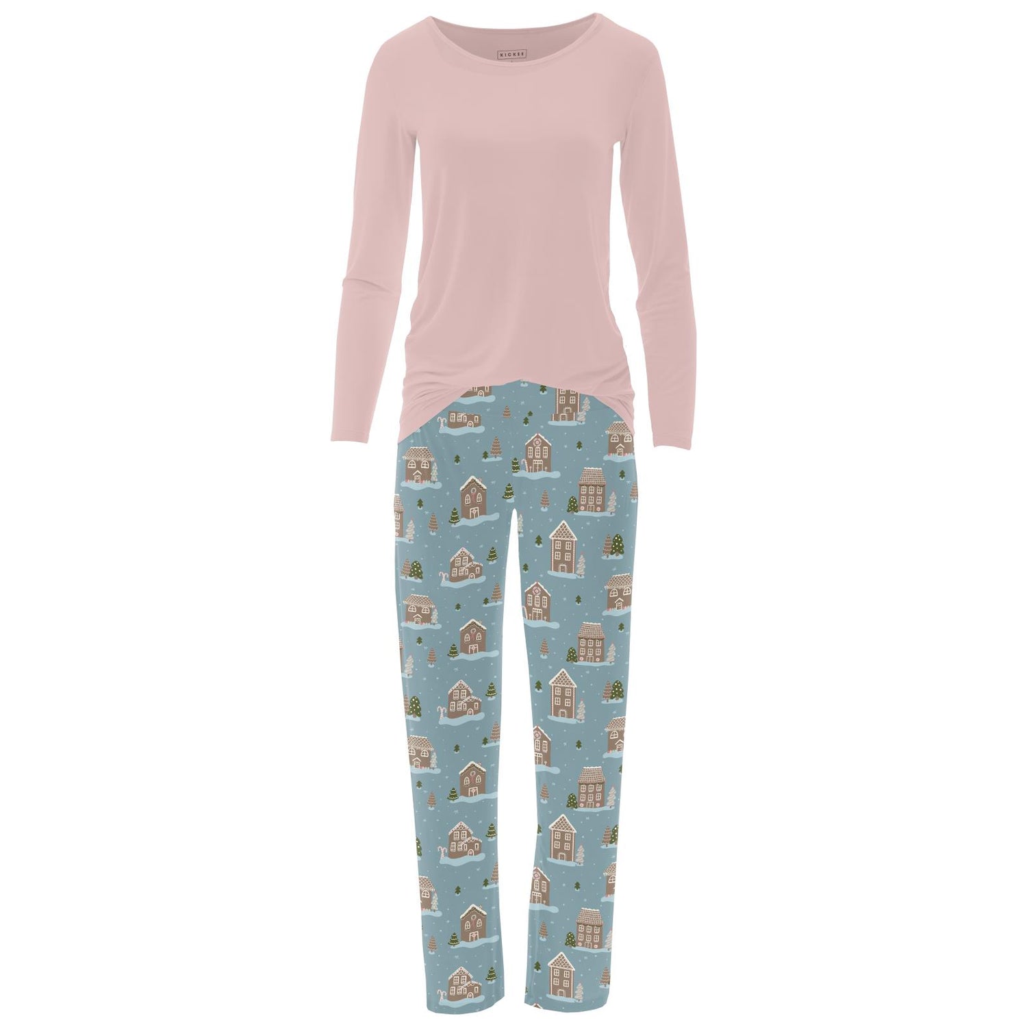 Women's Print Long Sleeve Relaxed Tee & Pajama Pants Set in Stormy Sea Gingerbread Town (347757)