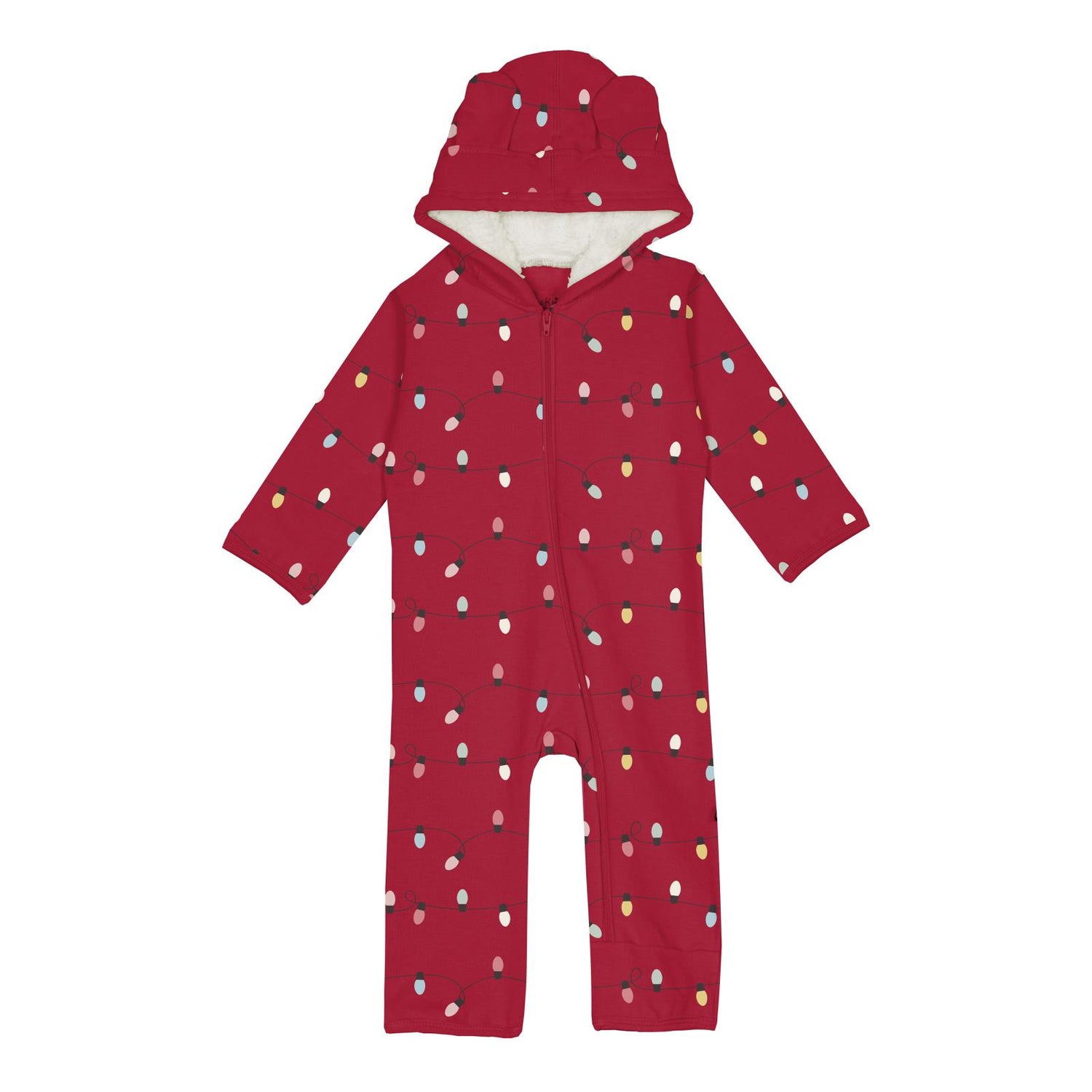 Print Fleece Zip-up Coverall with Sherpa-lined Hood & Ears in Crimson Holiday Lights (346956)
