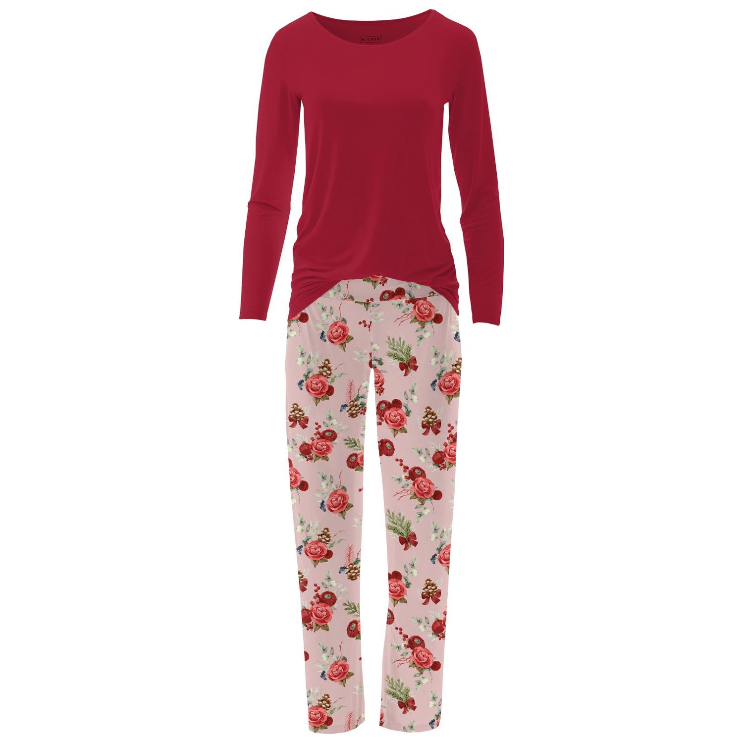 Women's Print Long Sleeve Relaxed Tee & Pajama Pants Set in Baby Rose Holiday Floral (346975)