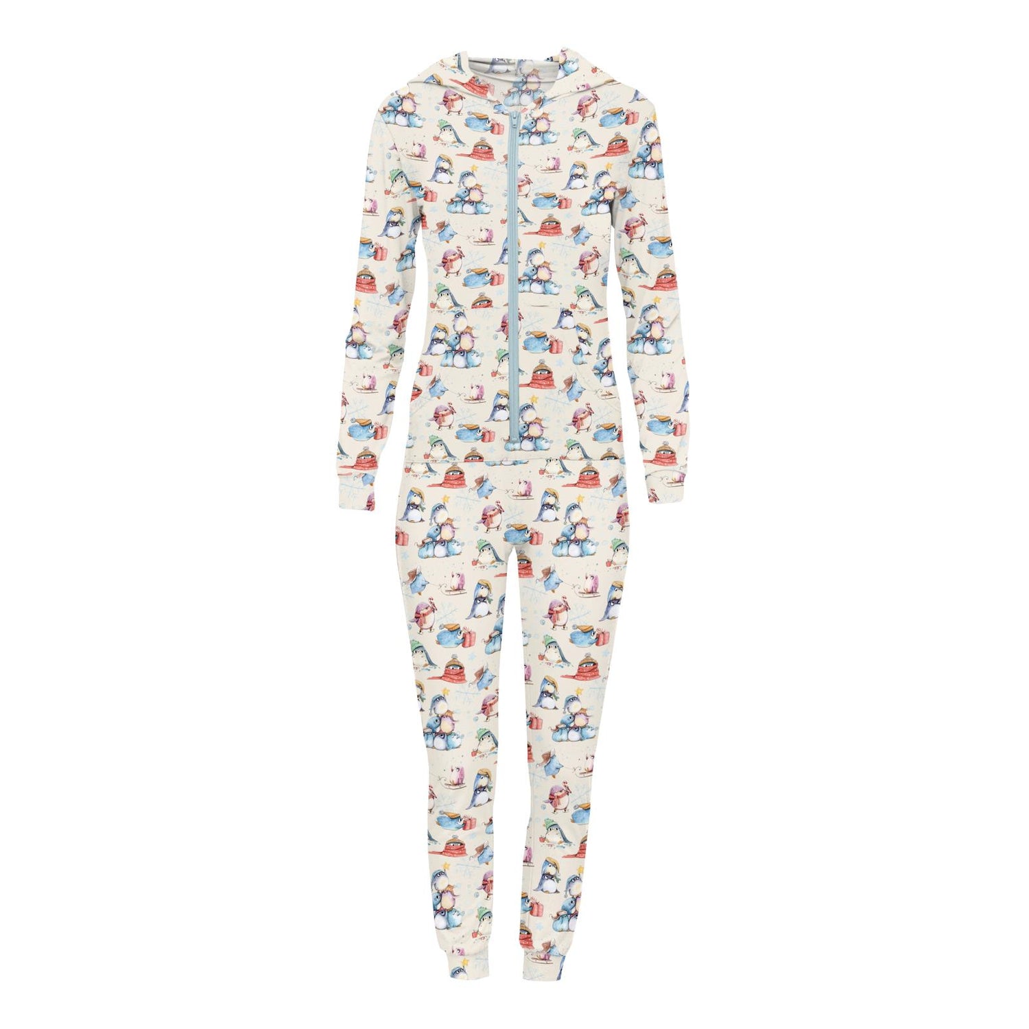 Women's Print Long Sleeve Jumpsuit with Hood in Natural Silly Penguins (347317)