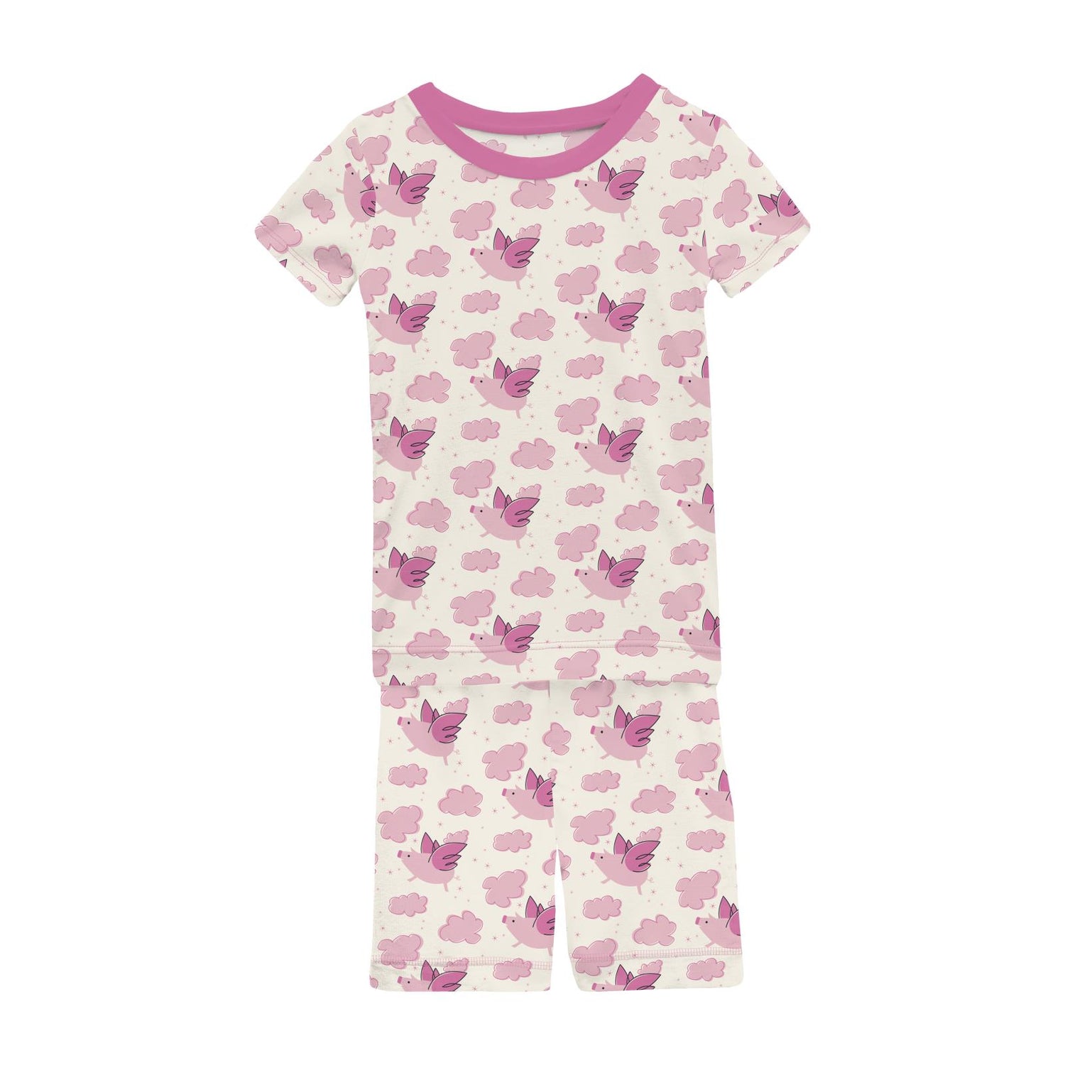 Print Short Sleeve Pajama Set with Shorts in Natural Flying Pigs (277012)