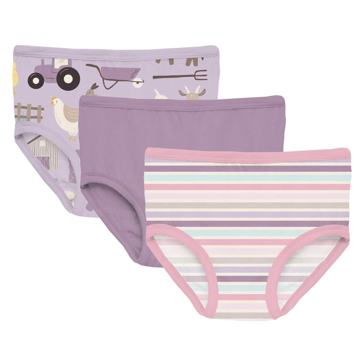 Print Girl's Underwear Set of 3 in Thistle Morning on the Farm, Lavender & Ice Cream Stripe (312323)