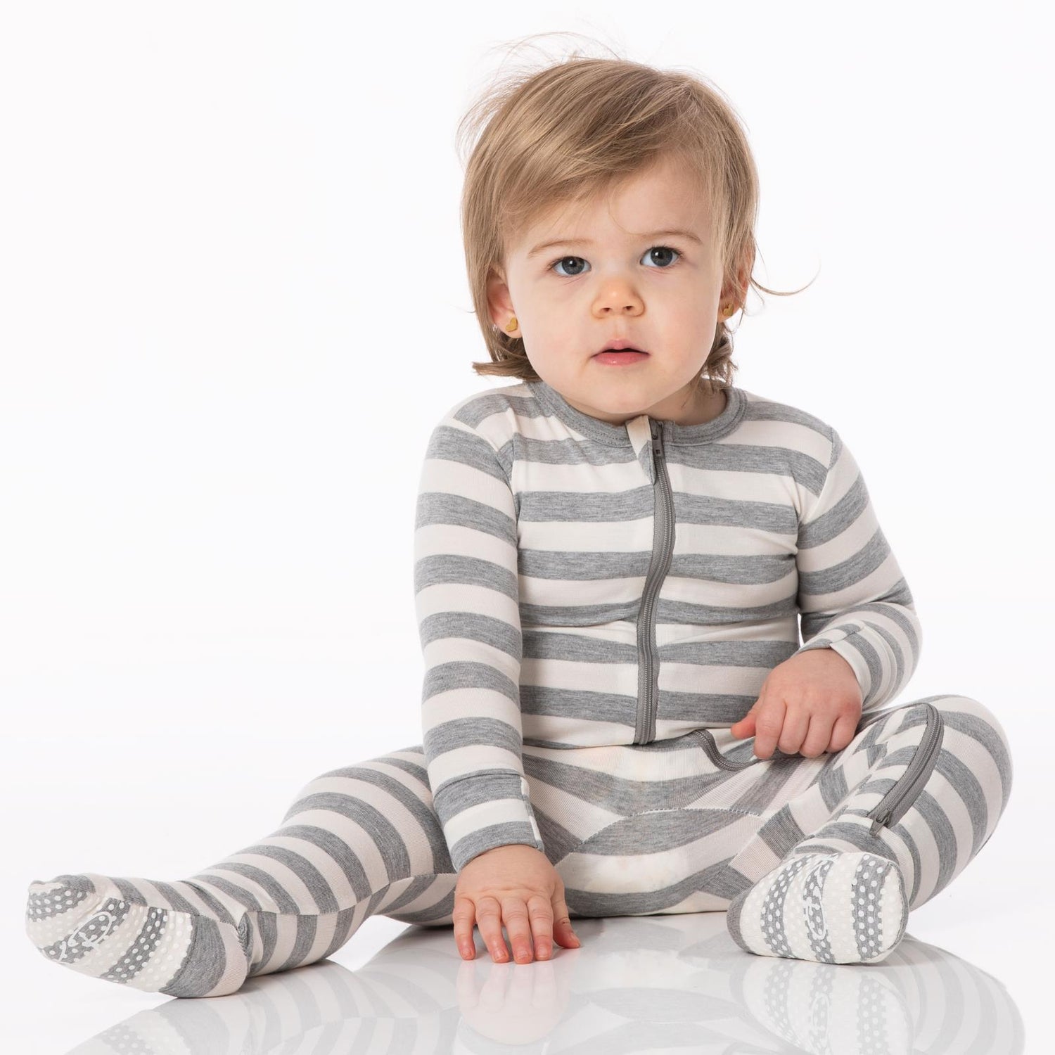Print Footie with 2 Way Zipper in Heathered Mist Sweet Stripe (274120)
