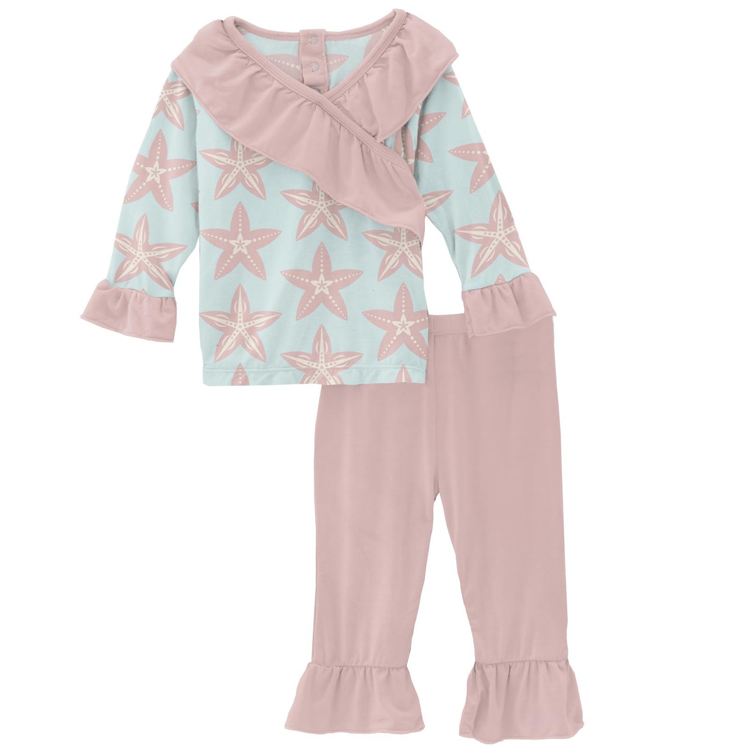 Print Long Sleeve Kimono Double Ruffle Outfit Set in Fresh Air Fancy Starfish (210546)