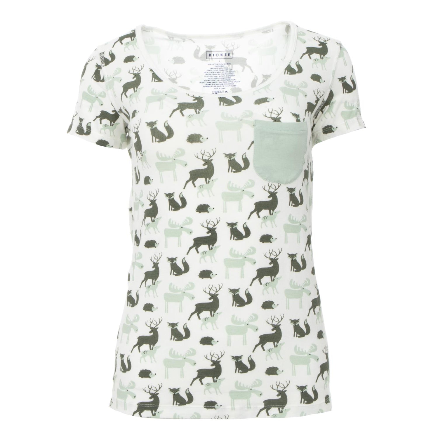Women's Print Short Sleeve Scoop Neck Tee with Tiny Pocket in Natural Forest Animals
