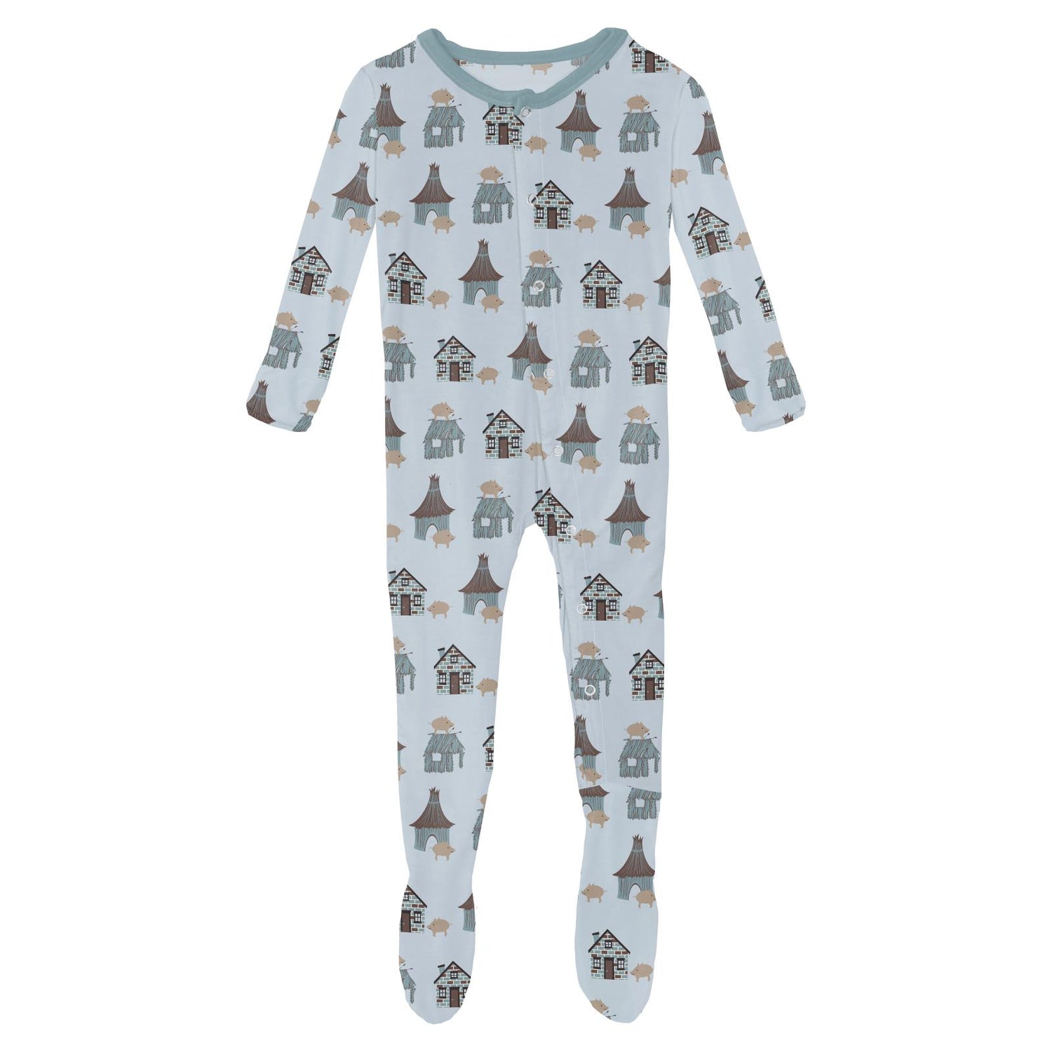 Print Footie with Snaps in Illusion Blue Three Little Pigs