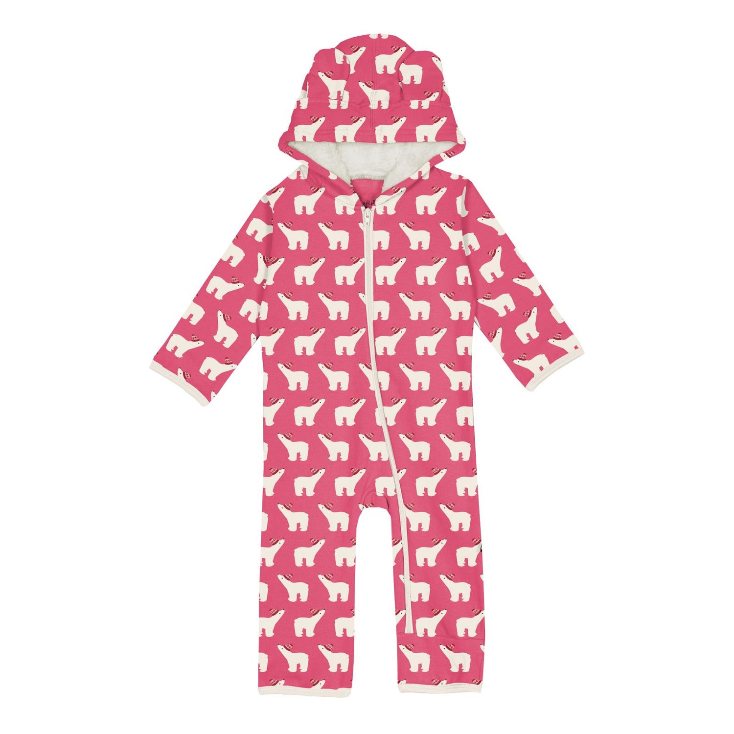 Print Fleece Zip-up Coverall with Sherpa-lined Hood & Ears in Winter Rose Polar Bears (318108)