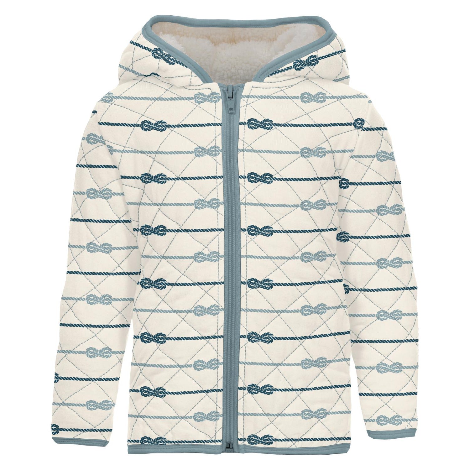 Print Quilted Jacket with Sherpa-Lined Hood in Natural Boat Rope/Stormy Sea Splashing Whales