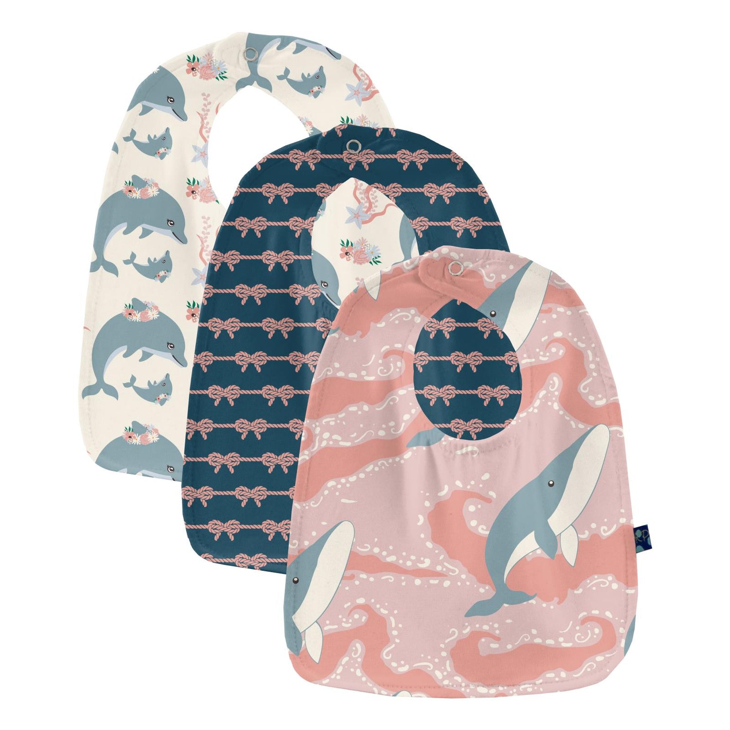 Print Bib Set of 3 in Natural Dolphins, Peacock Boat Rope Bows & Baby Rose Splashing Whales