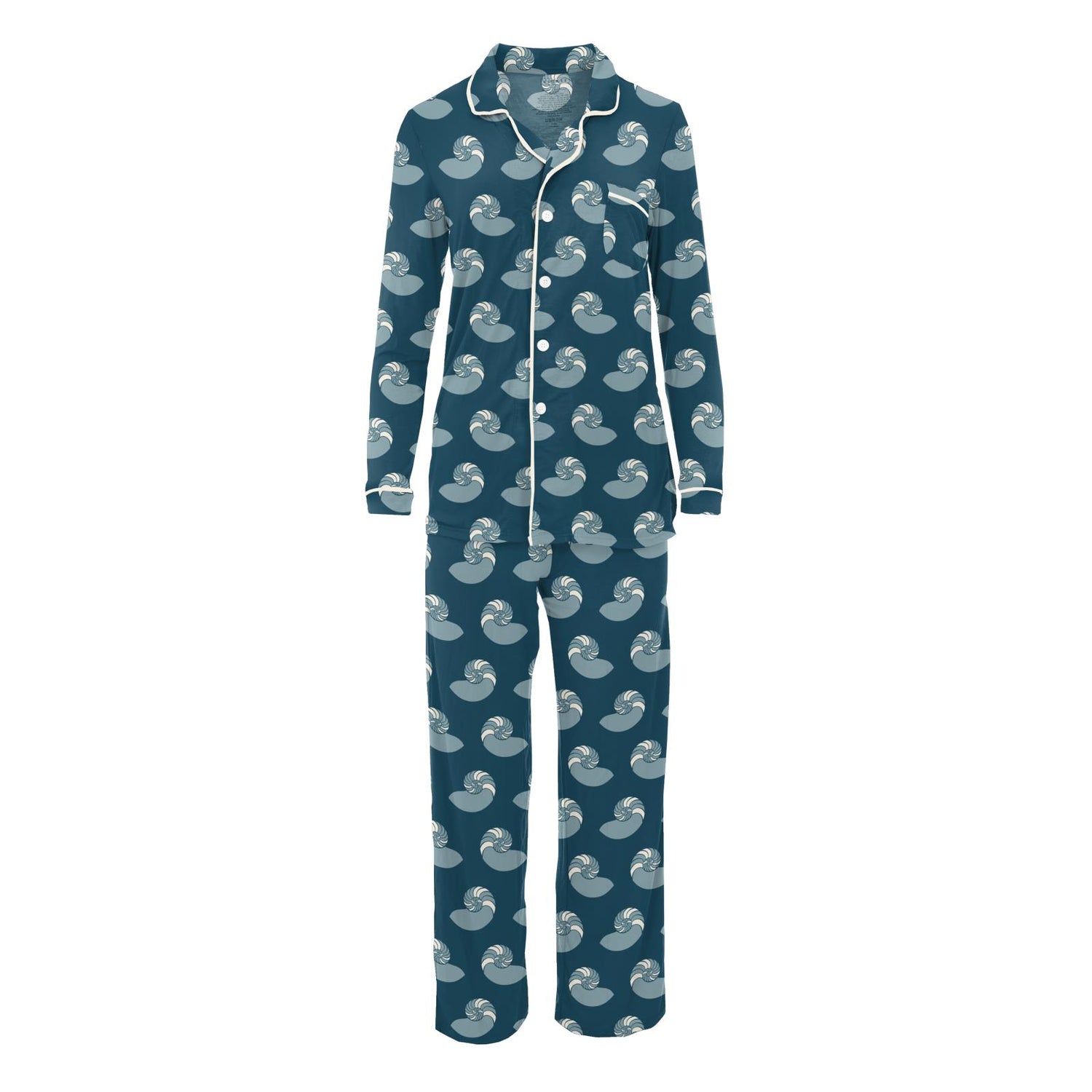 Women's Print Long Sleeve Collared Pajama Set in Peacock Nautilus