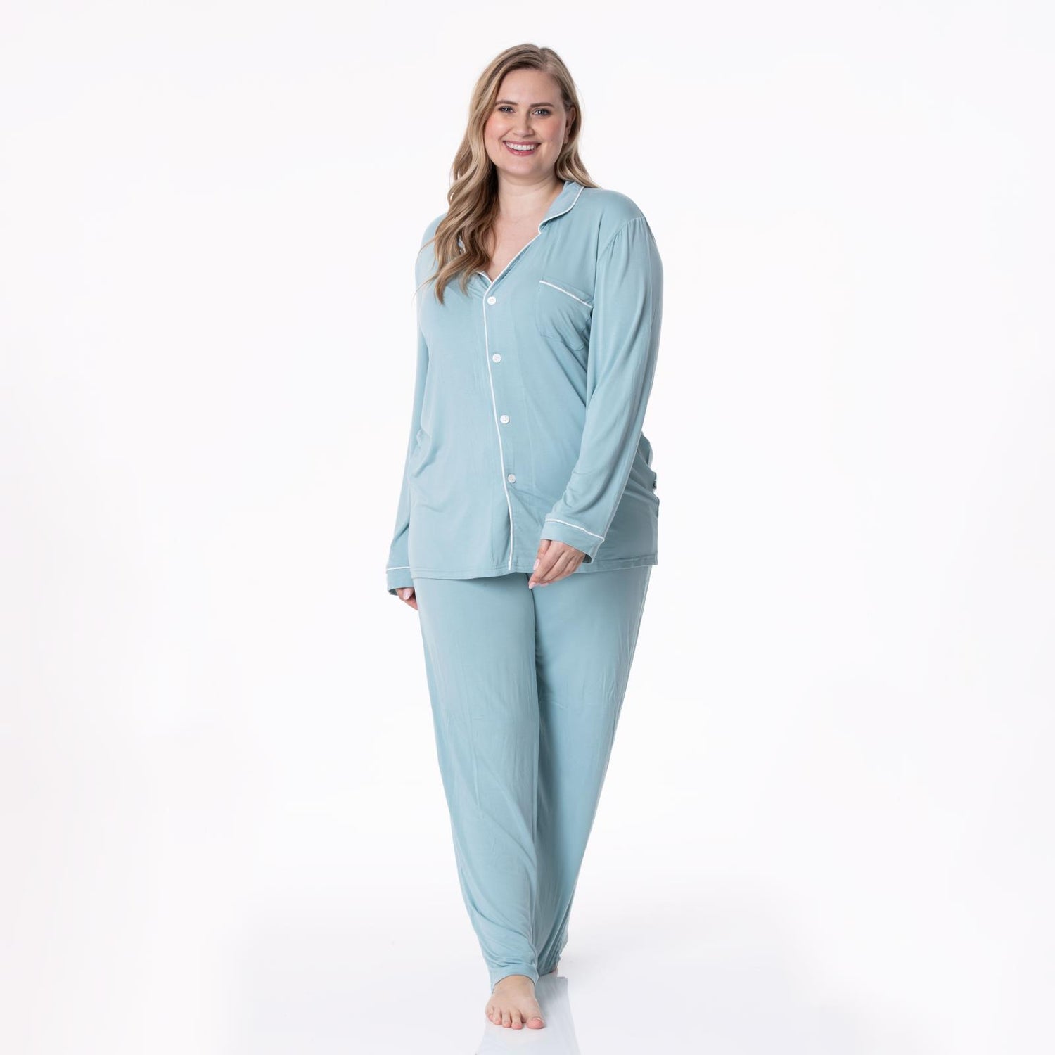 Women's Long Sleeve Collared Pajama Set in Stormy Sea with Natural