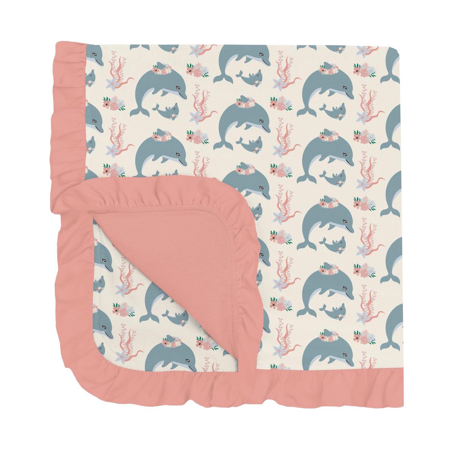Print Ruffle Stroller Blanket in Natural Dolphins