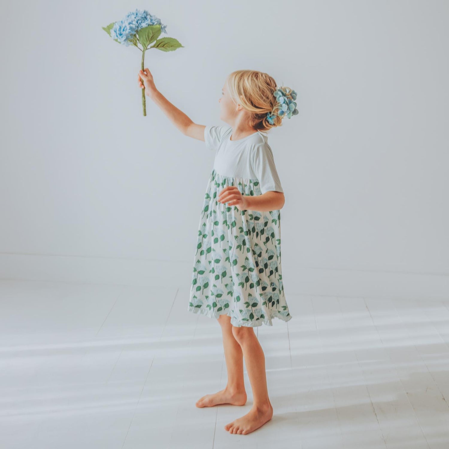Print Short Sleeve Swing Dress in Hydrangea Bouquet (359166)