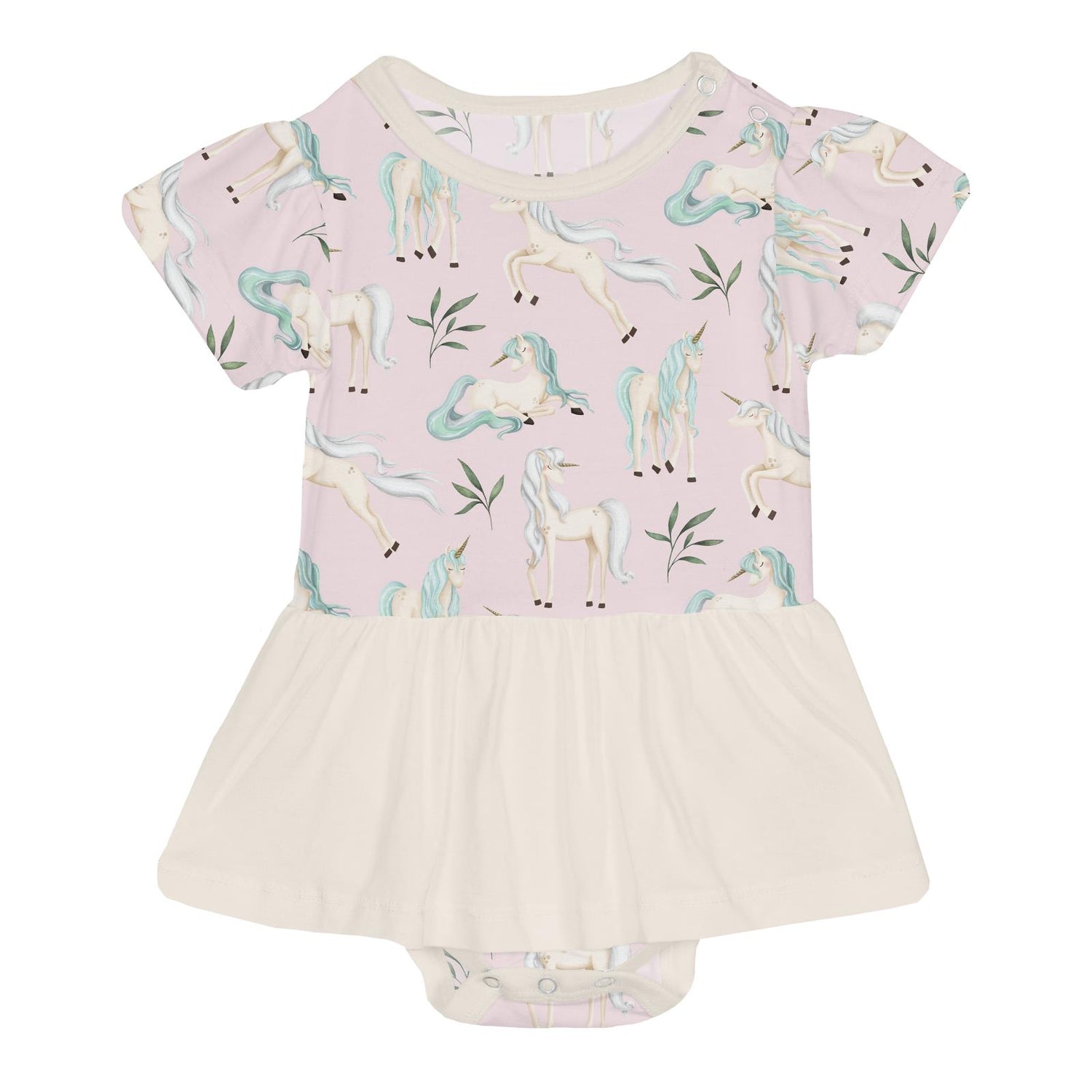 Print Short Sleeve Skirted One Piece in Shrinking Violet Sleeping Unicorns (359639)