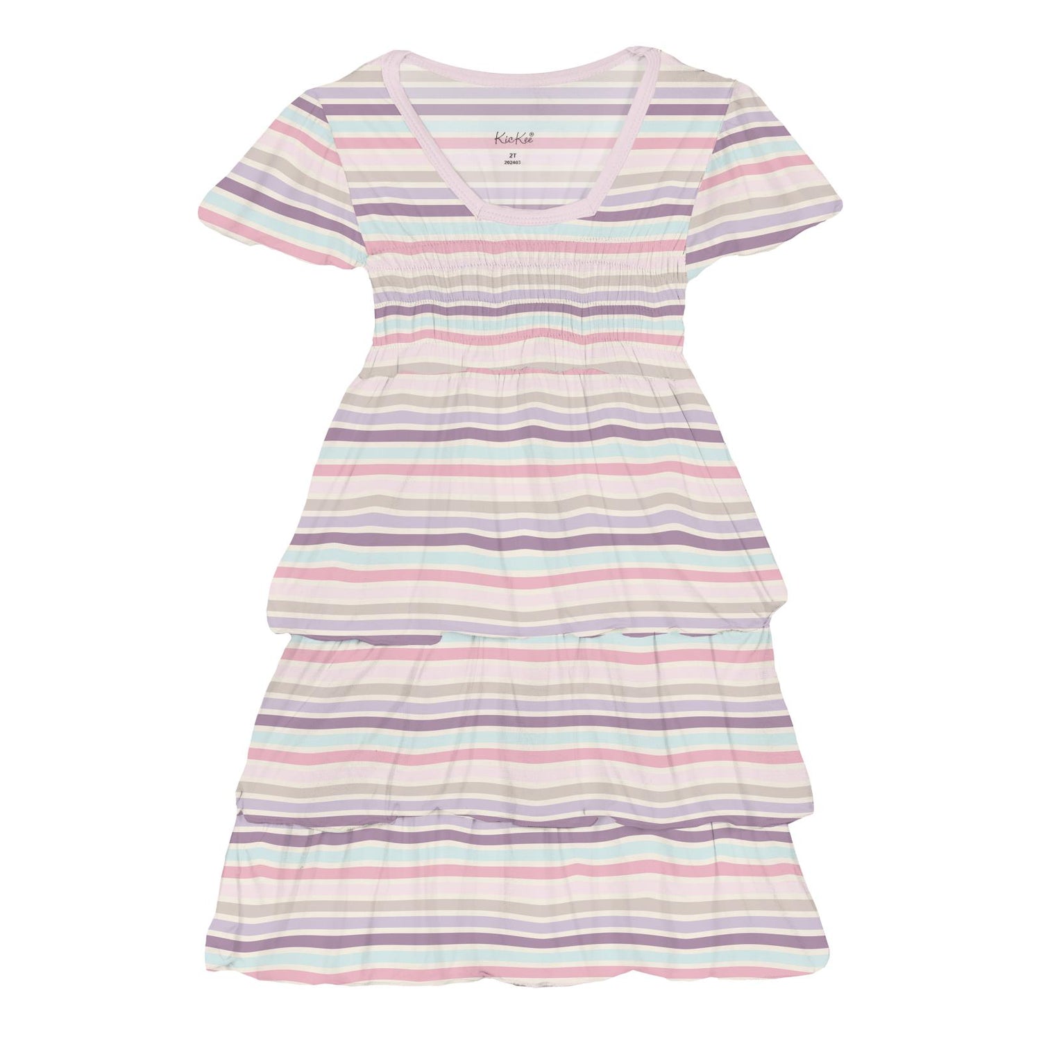 Print Short Sleeve Layered Ruffle Dress in Ice Cream Stripe (359719)