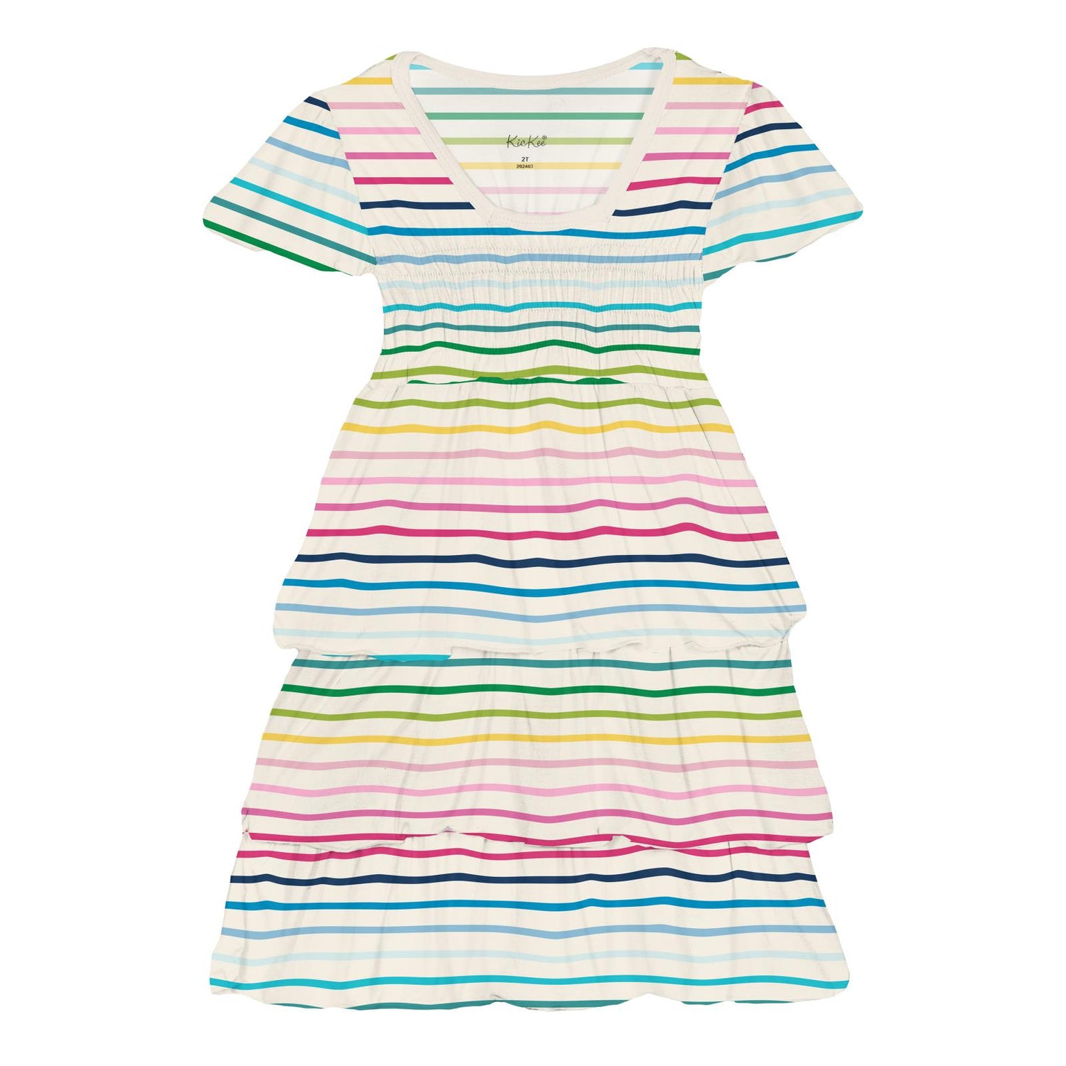 Print Short Sleeve Layered Ruffle Dress in Happy Stripe (359726)