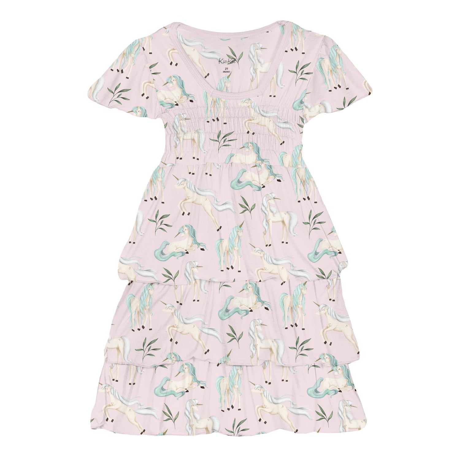 Print Short Sleeve Layered Ruffle Dress in Shrinking Violet Sleeping Unicorns (359721)