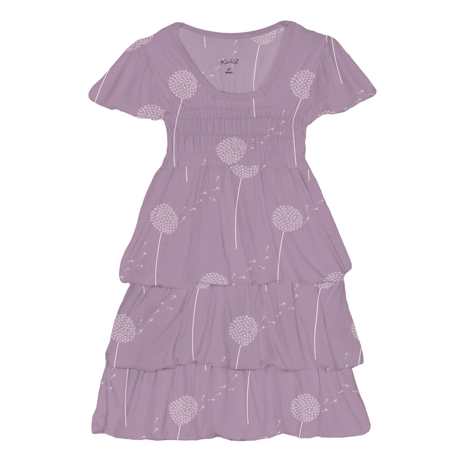 Print Short Sleeve Layered Ruffle Dress in Lavender Dandelion Wish (359722)