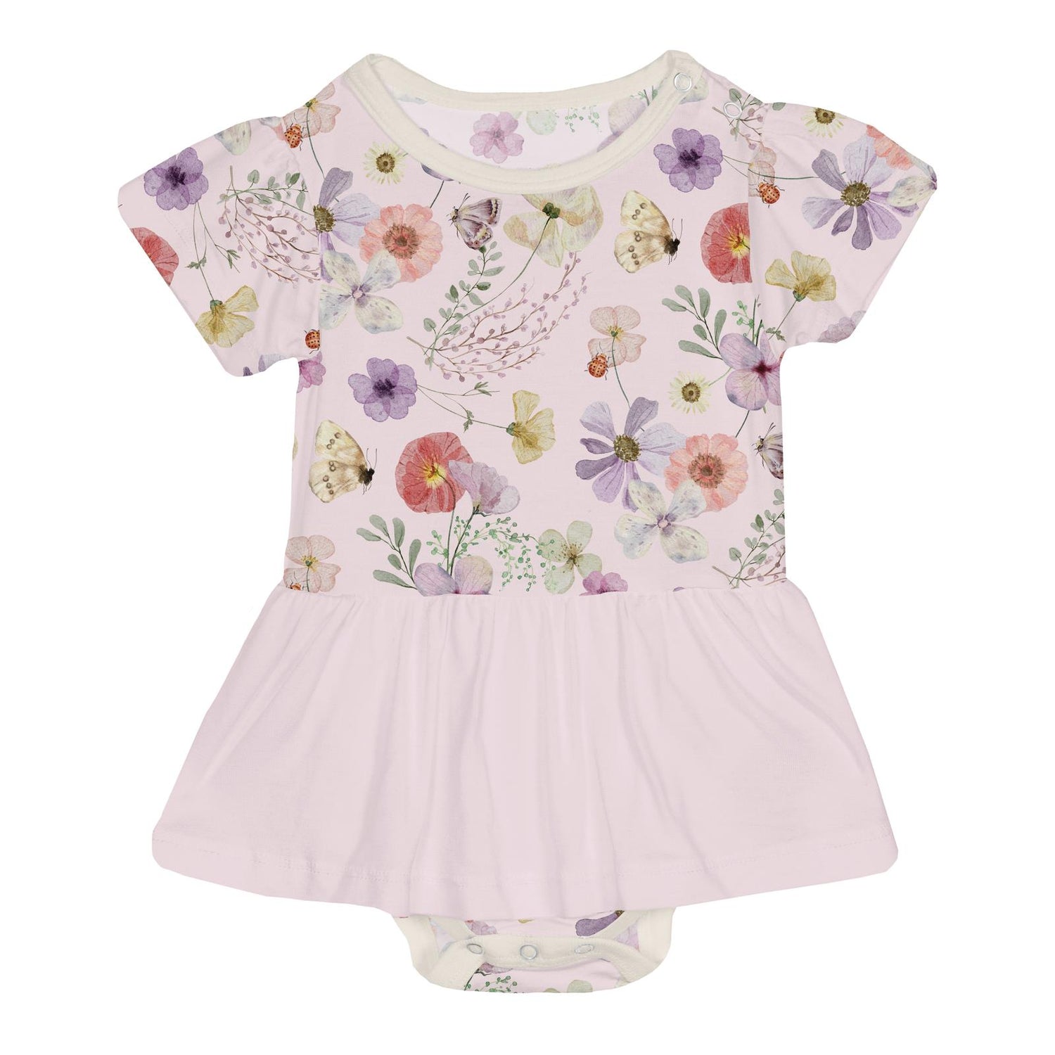 Print Short Sleeve Skirted One Piece in Shrinking Violet Pressed Flowers (359649)