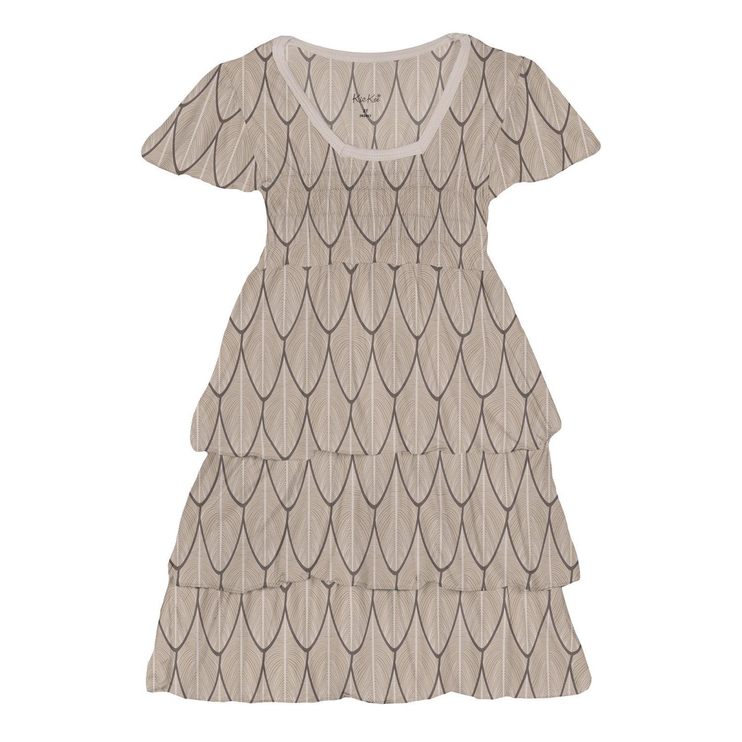 Print Short Sleeve Layered Ruffle Dress in Owl Feathers (359683)