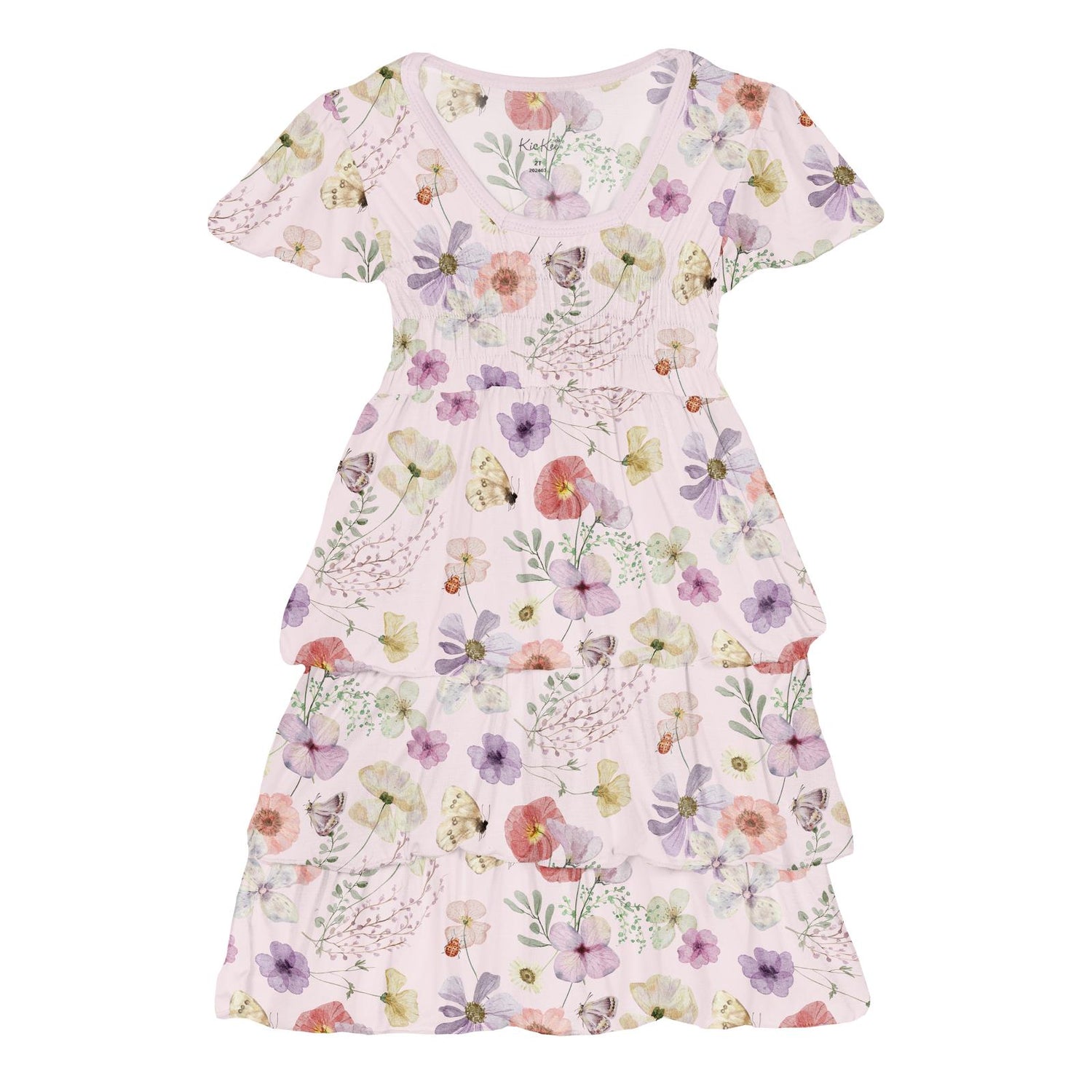 Print Short Sleeve Layered Ruffle Dress in Shrinking Violet Pressed Flowers (359694)