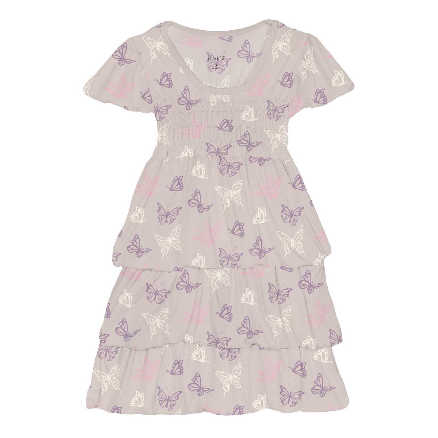 Print Short Sleeve Layered Ruffle Dress in Latte Butterflies (359696)
