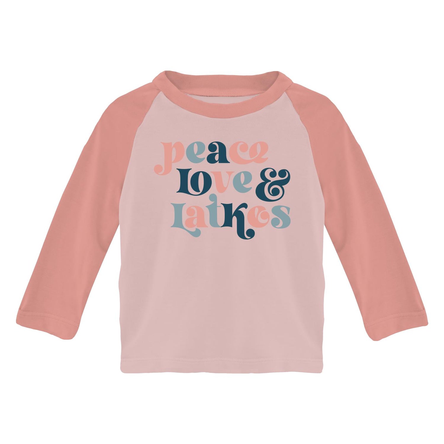 Long Sleeve Crew Neck Graphic Raglan Tee in Baby Rose Peace Love Latkes (297881)