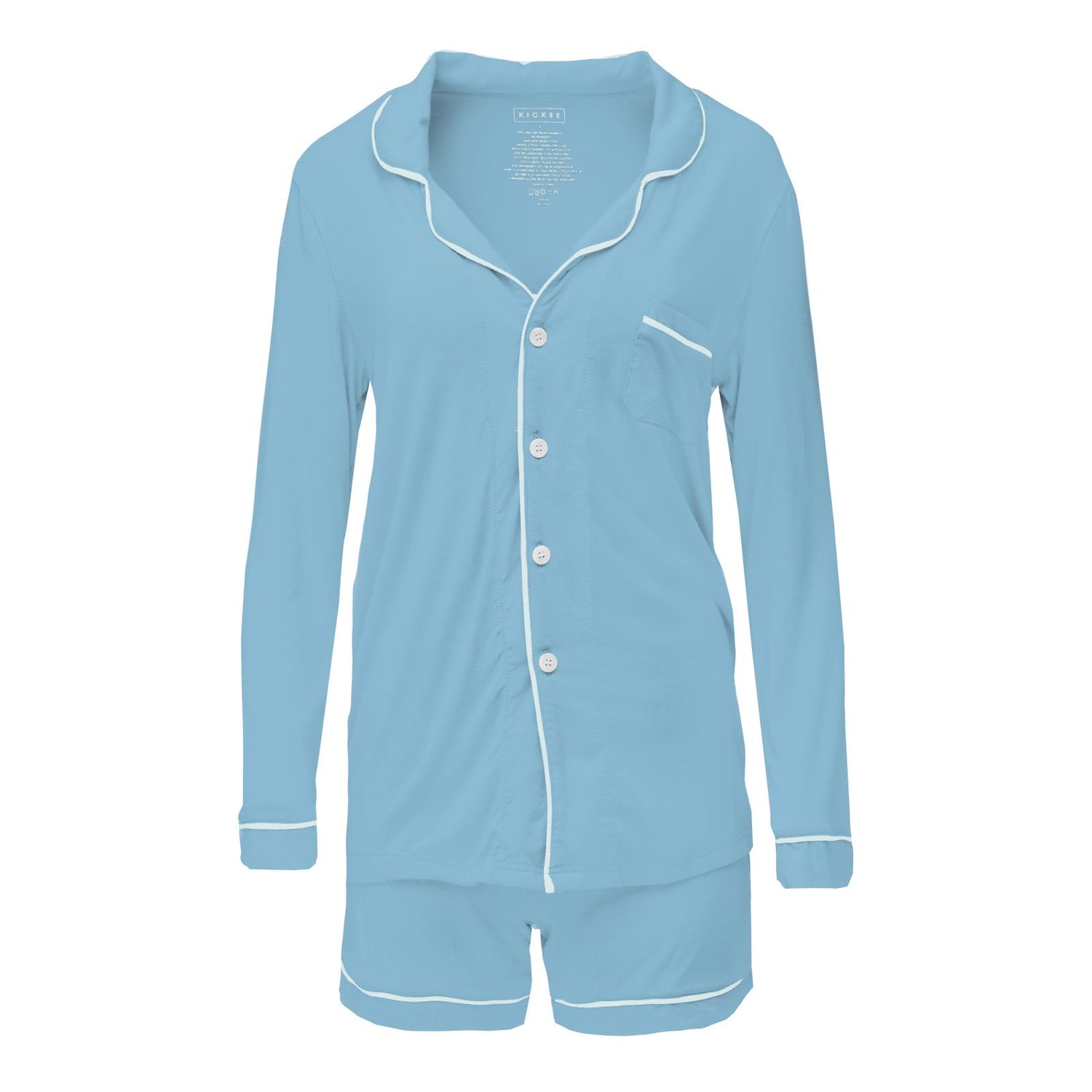 Women's Long Sleeve Collared Pajama Set with Shorts in Seaside Blue with Fresh Air