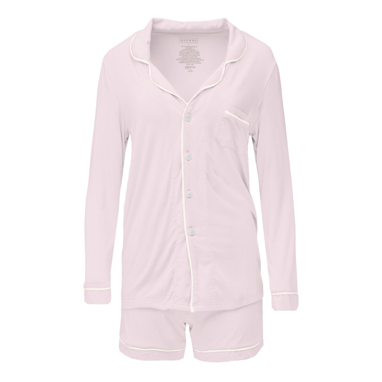 Women's Long Sleeve Collared Pajama Set with Shorts in Shrinking Violet with Natural