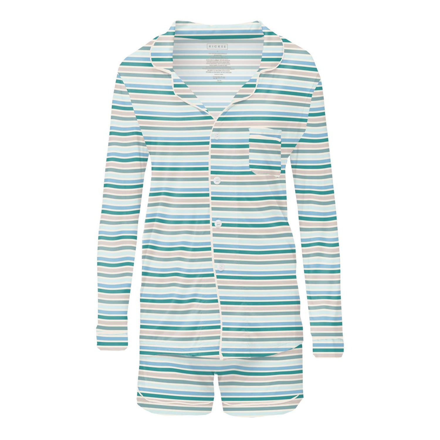 Women's Print Long Sleeve Collared Pajama Set with Shorts in Lakeside Stripe (312093)