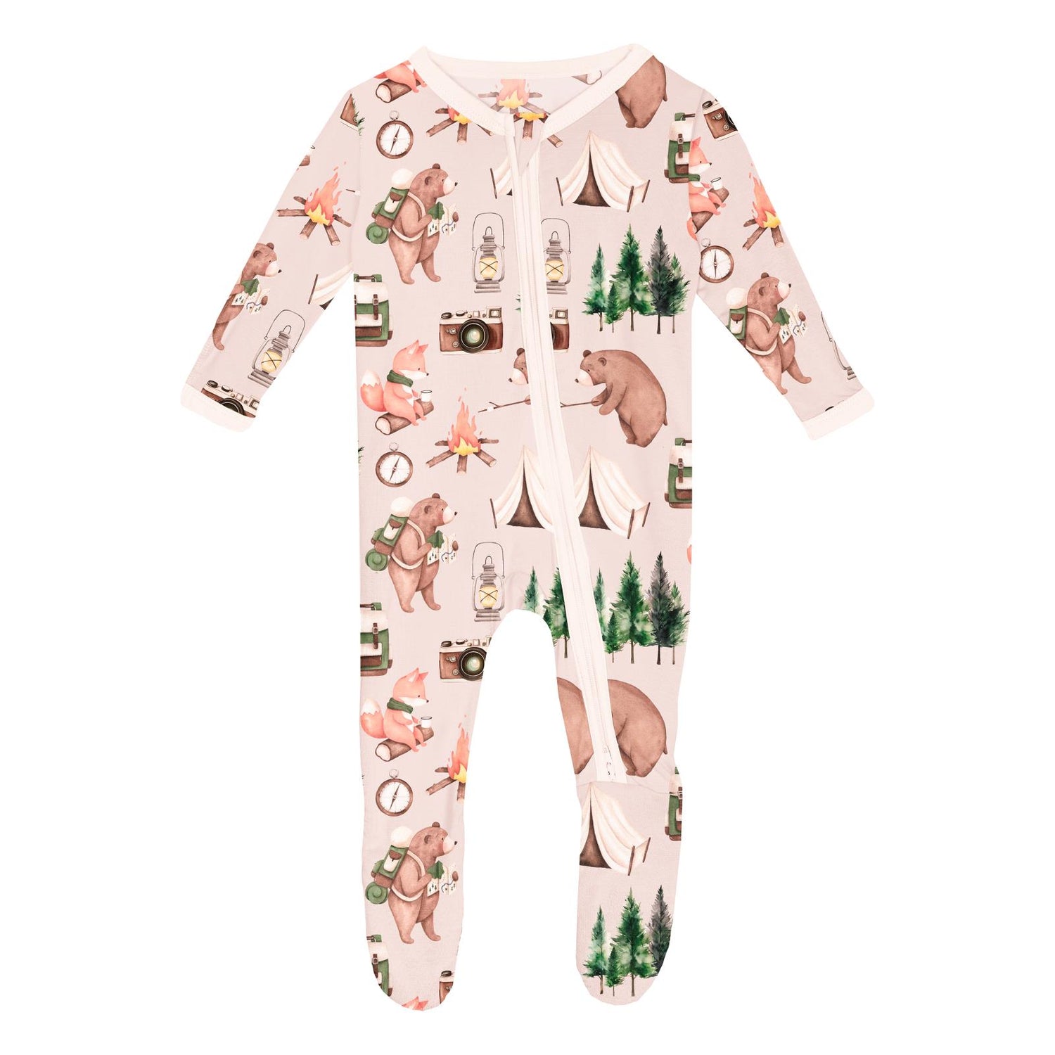Print Footie with 2 Way Zipper in Latte Camping Animals (319622)